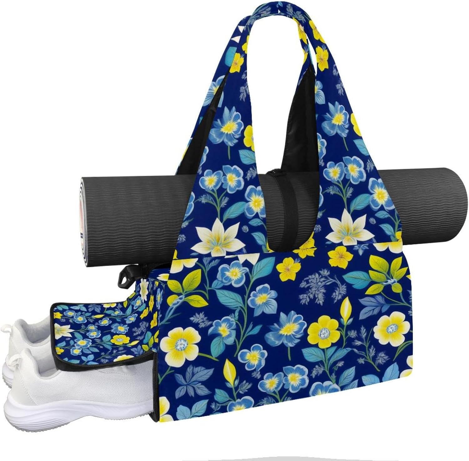 Yoga Mat Bag, Gym Workout Bag with Shoe Compartment, Flowers Pilates Bag for Women, Quick Access Storage Yoga Tote Bag for Sports Travel Office