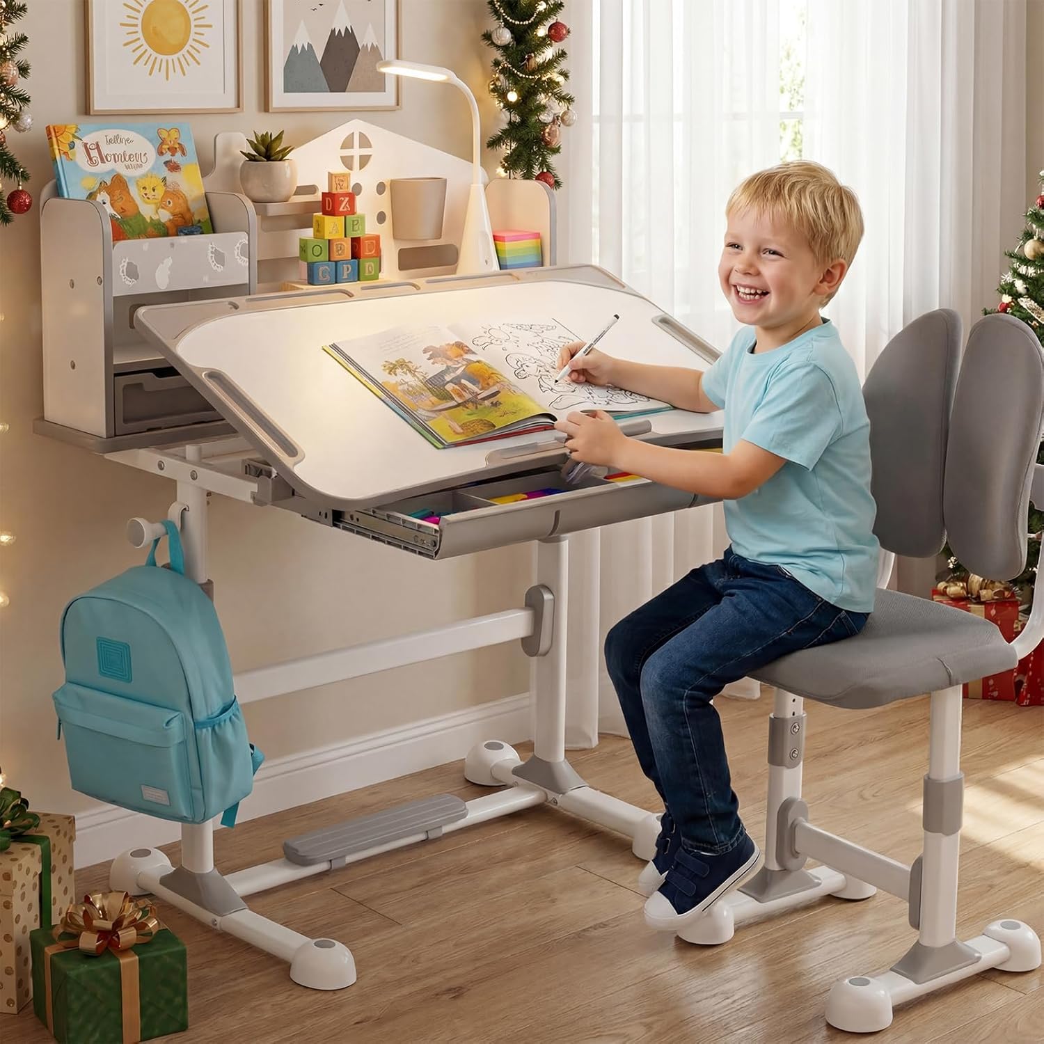 Kids Desk and Chair Set with Castle, Height Adjustable Study Desk with Bookstand Storage Drawer & Spine Support Backrest, Wide Desktop Children’s Study Table and Chair for Boys and Girls, Grey