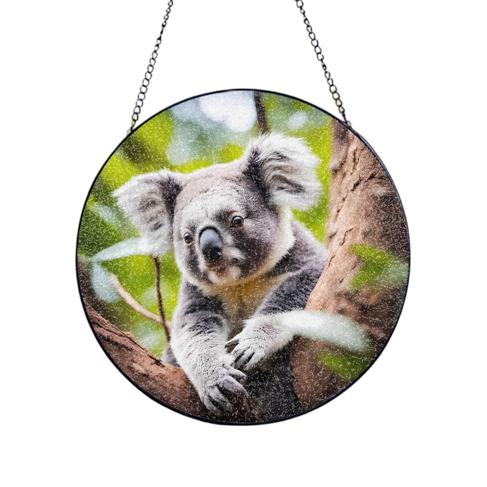Happy Cute koala Stained Glass Sun Catcher for Window Garden Hanging Suncatchers Balcony Decor Gift 8in（20cm）