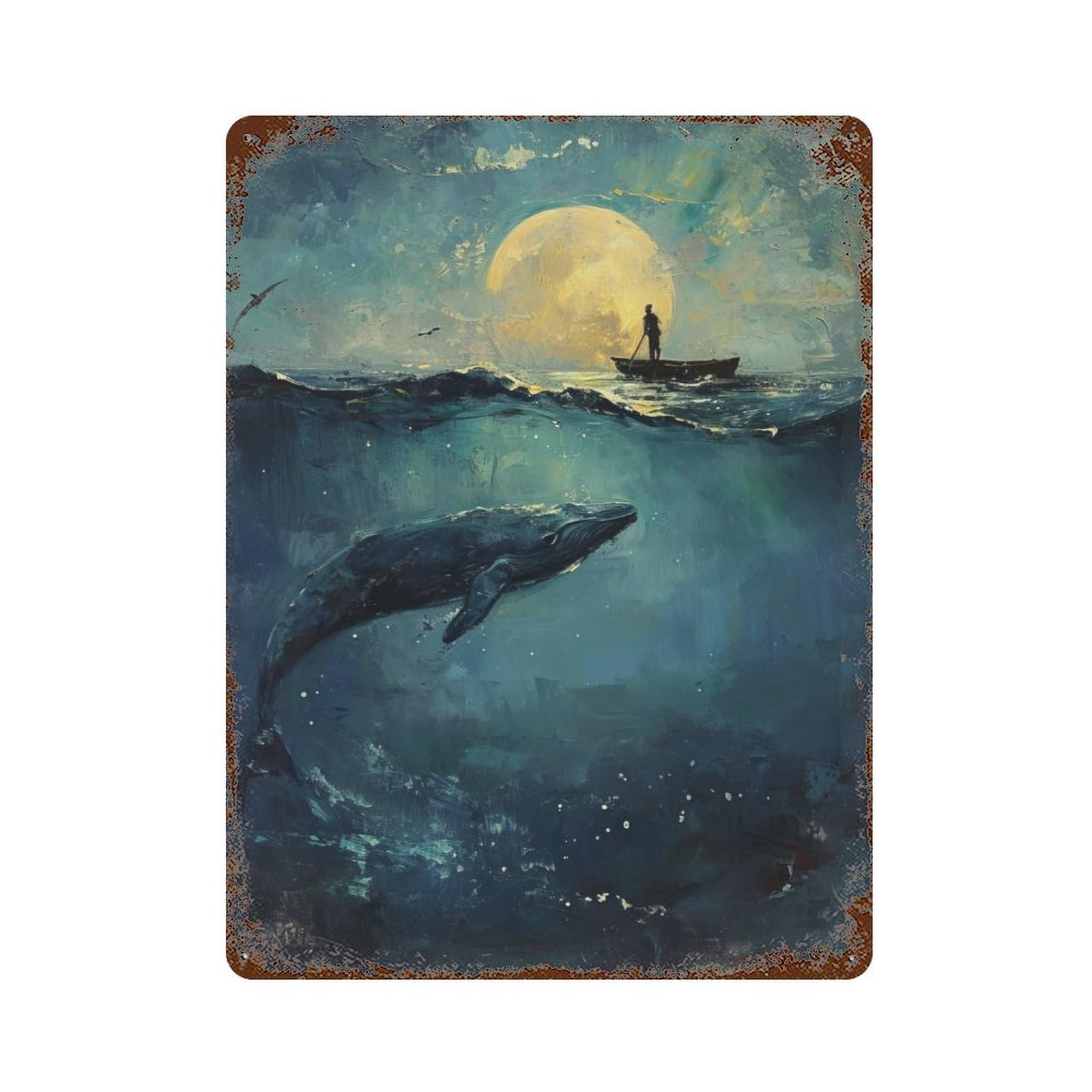 Garage Style Moonlit Sea Journey Rust Effect Tin Sign 15.7"x11.8", Farmhouse Wall Decor for Bar And Workshop