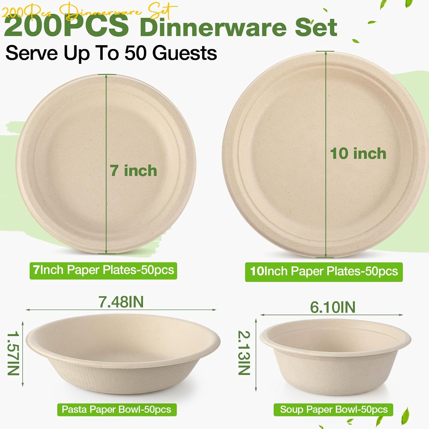 Havawish 200 Pcs Compostable Paper Plates and Bowls Set 7 Inch 9 Inch Disposable Plate 16oz 24oz Biodegradable Bowls for Party Dinner 50-person Bulk Party Supplies - Image 2