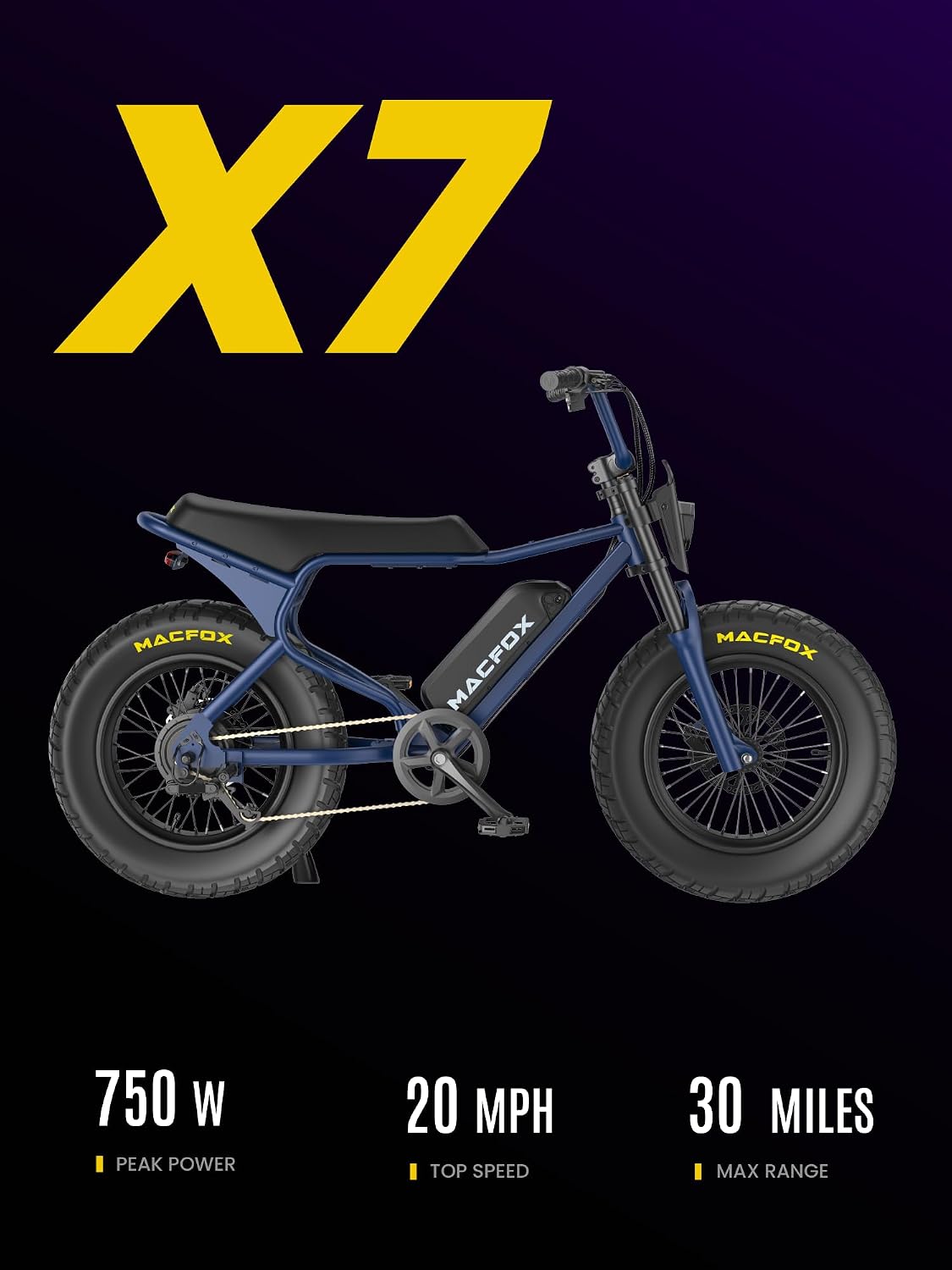 MACFOX X7 Electric Bike for Adults, 750W EBike with Hydraulic Brakes, 48V 13Ah Removable Battery 30 Mile Range, Upgraded 20x5.0 Rear Fat Tire for School/City/Town Commuting (UL2849 & Class-2)