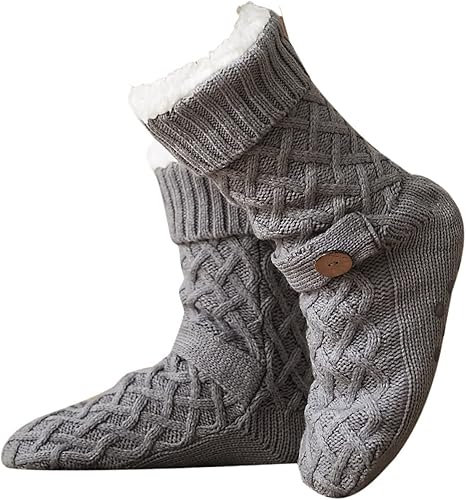 Miniatura 5 de Oplxuo Calcetines tipo pantufla para mujer con pinzas para mujer, calcetines cálidos de punto trenzado mullido, calcetines de invierno acogedores