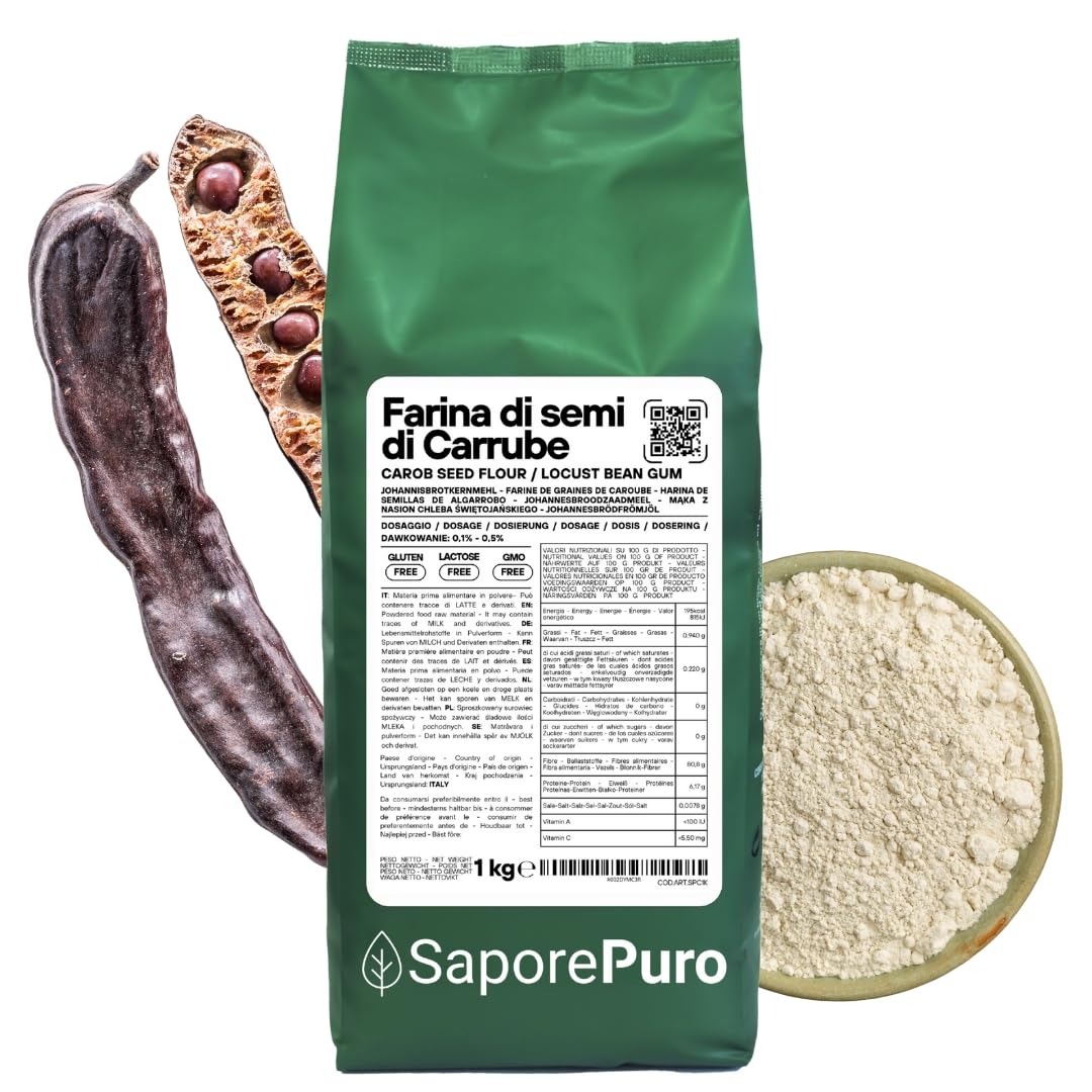 Saporepuro Farina di Semi di Carrube 1000 gr - SENZA GLUTINE - Addensante e gelificante naturale 100% puro - Ideale per Gelati, Sorbetti, Dolci e Salse