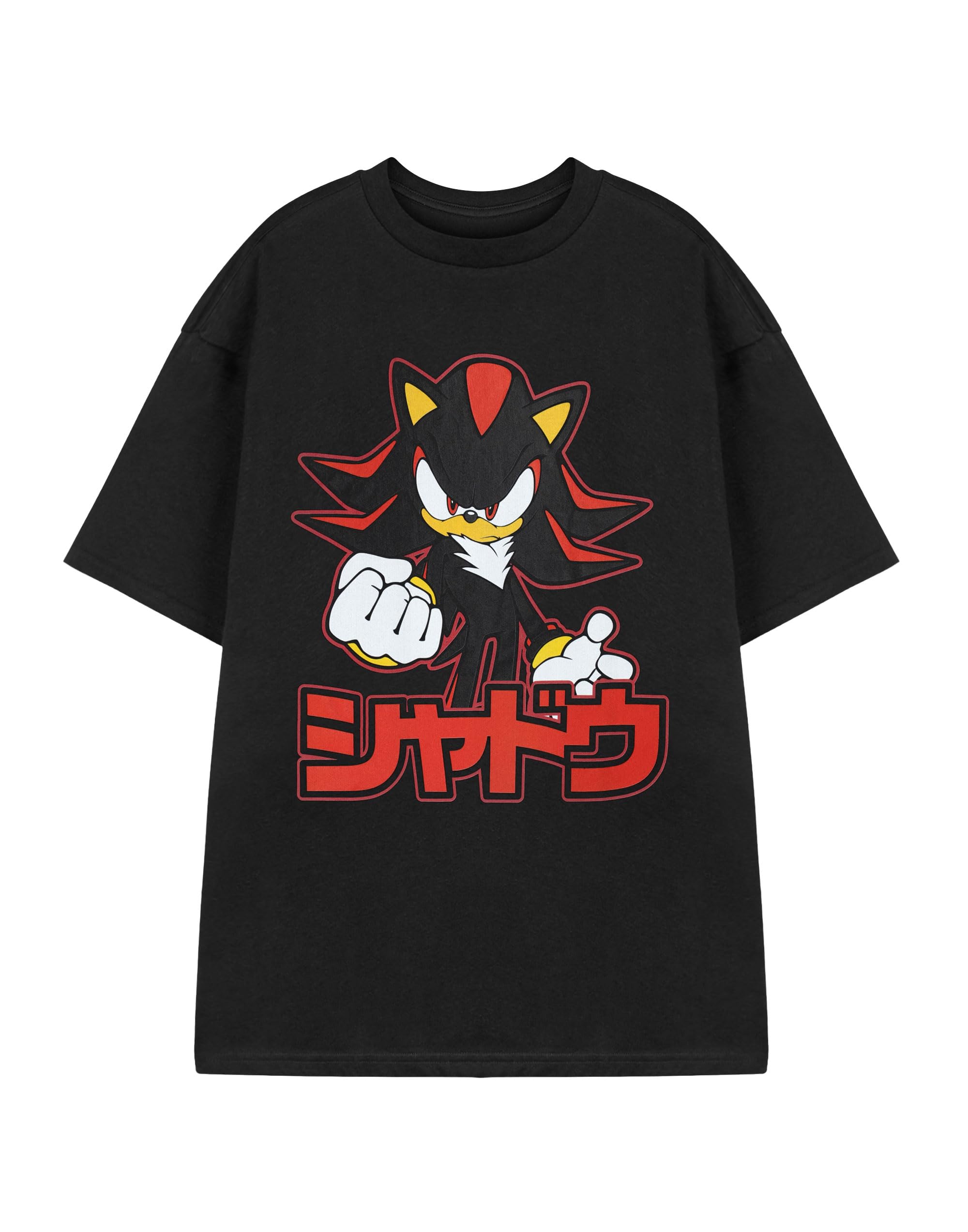 Sonic The Hedgehog Men's Black Shadow Graphic Tee | Short Sleeve T-Shirt Featuring Japanese 'シヤドウ' | Casual Cartoon Apparel | Classic Game Theme Top For Fans - Small