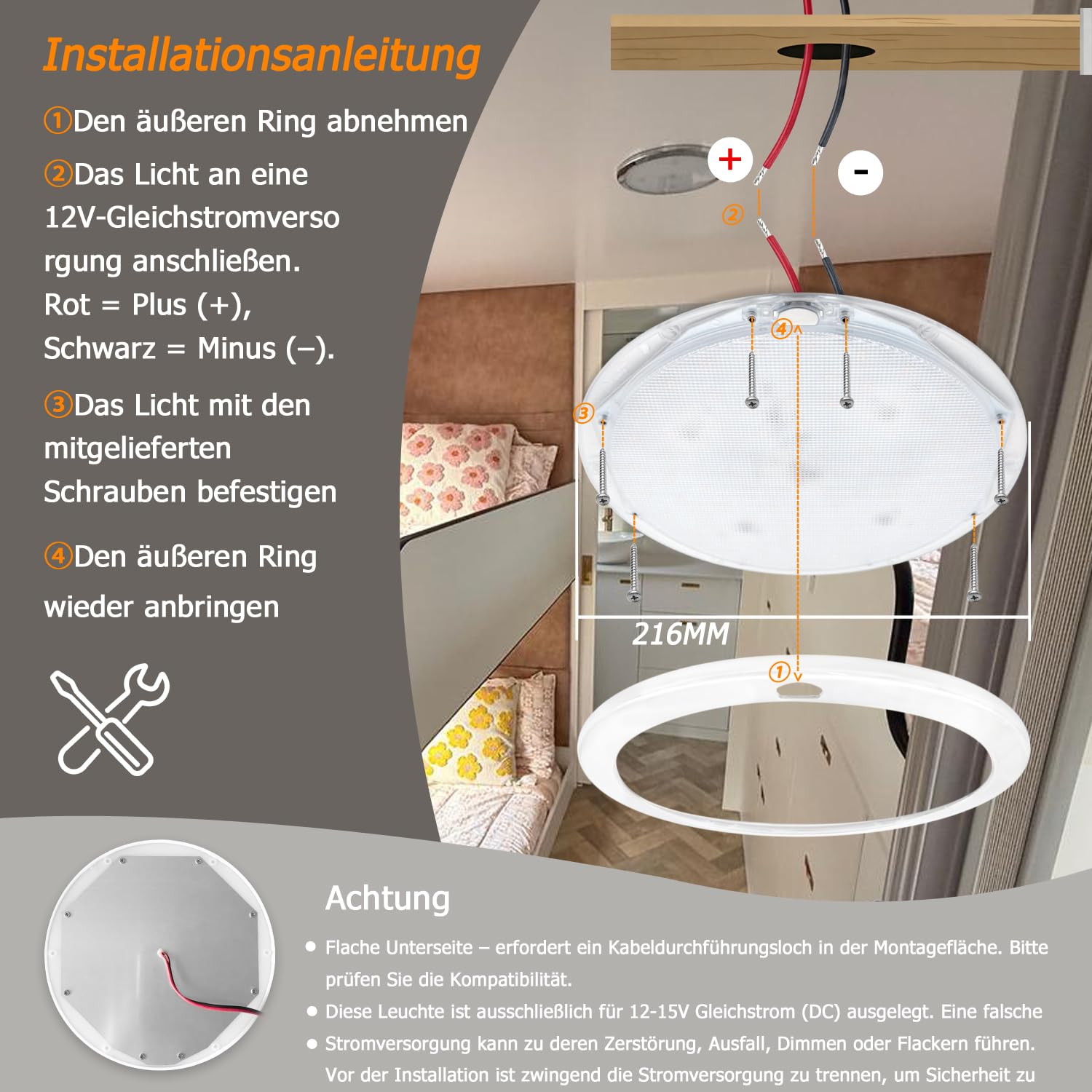 D-lite 12V Deckenlampe Wohnmobil, Wohnwagen Deckenleuchte, Kaltweißes Licht 6000K, Dimmbar, mit Blauem Licht, Memory-Funktion, Φ22CM Rund, Flach LED Lampe für Camper, Boot, Caravan