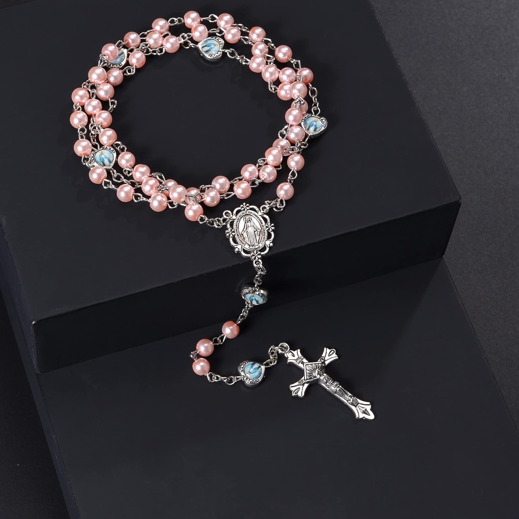 Collana Rosario Cristiano con Croce retrò, Catena Lunga di Perline Preghiera per Battesimo Comunione Matrimonio