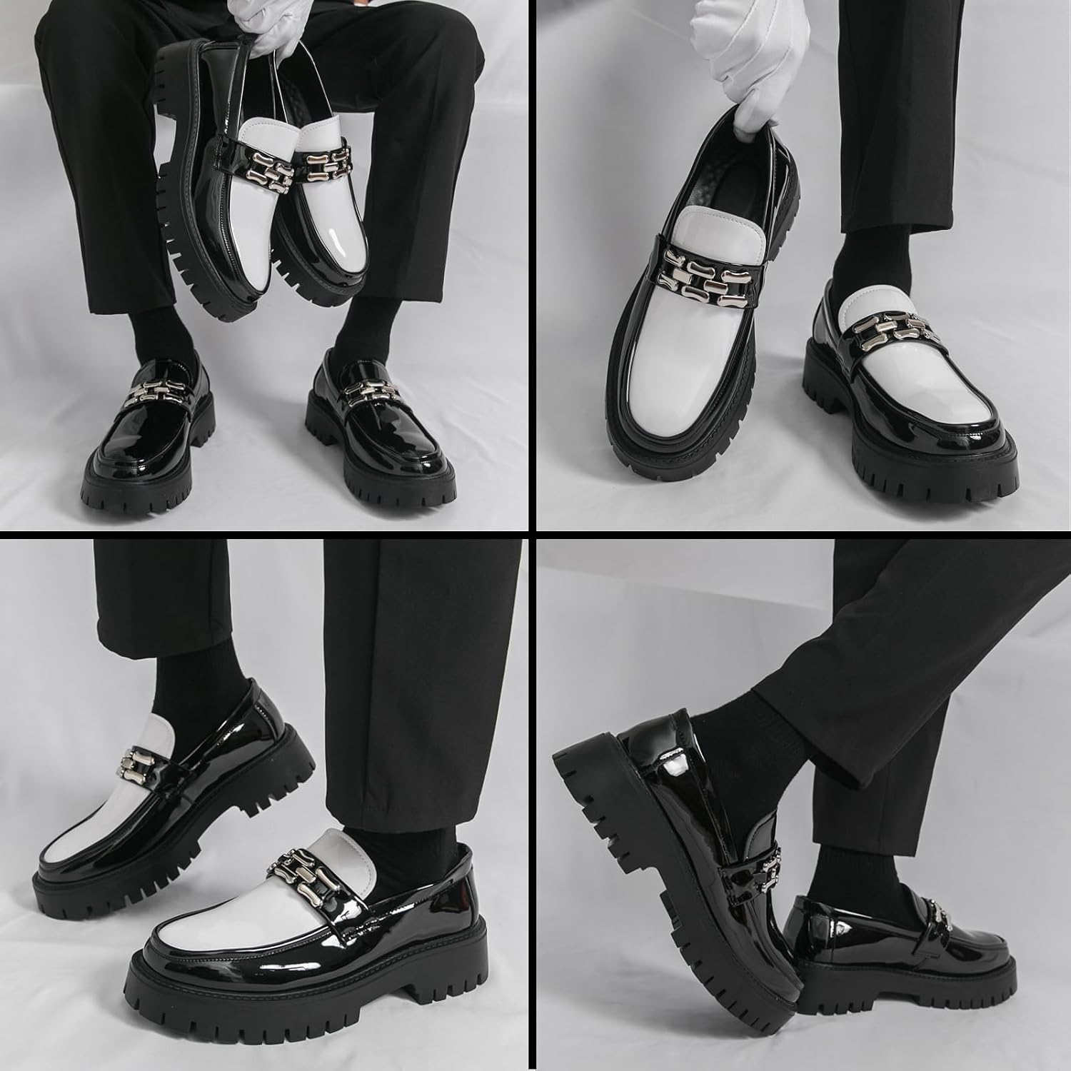 Fashion Chunky Platform Penny Loafers for Men's with Decoration Luxury Round Toe Slip-On Block Heel Business Dress Shoes Daily Non-Slip Lug Sole Casuals
