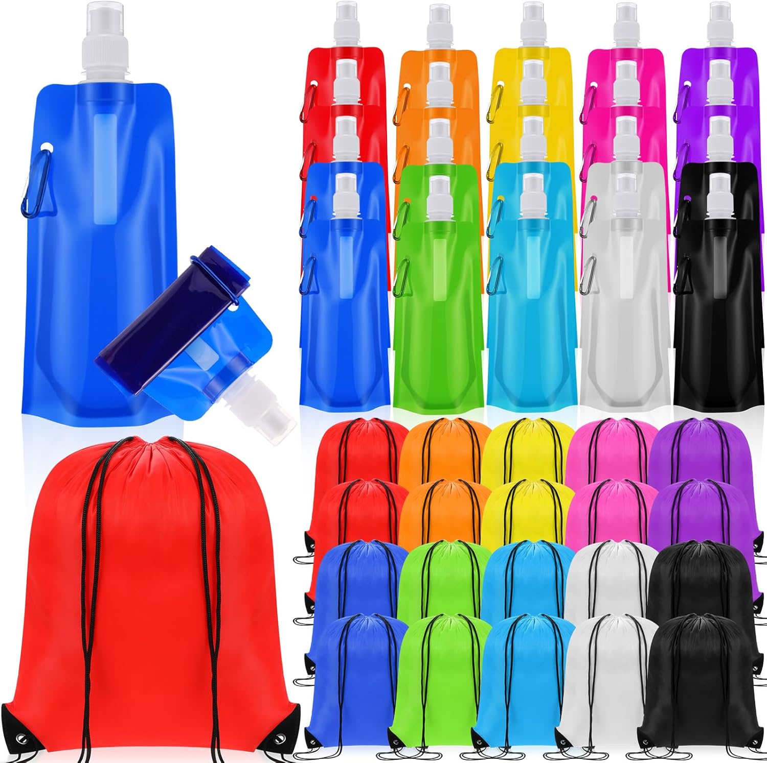 Teenyyou 40 Pcs 16 oz Collapsible Water Bottles Bulk and Drawstring Backpack Set 10 Colors Reusable Leak Proof Water Bottles with Carabiner Clip Gym Drawstring Bags for Sports Biking Hiking Camping