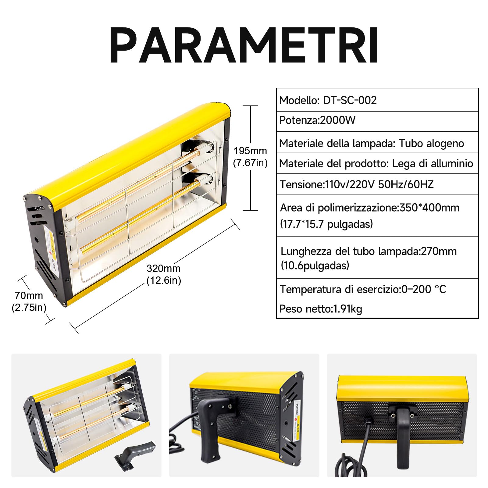 DATOUBOSS Lampada Infrarossi per Carrozzeria 2000W, Lampada per Asciugatura Vernice 220V Essiccatore Portatile a Infrarossi per Riparazione Carrozzeria Auto Lavori di Verniciatura