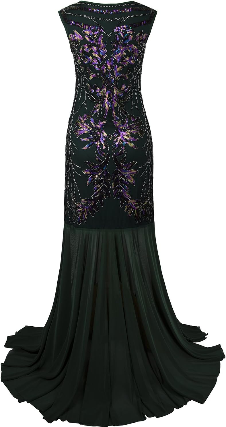 Vijiv 1920s Long Prom Dresses V Neck Beaded Sequin Gatsby Maxi Evening Dress - Image 4