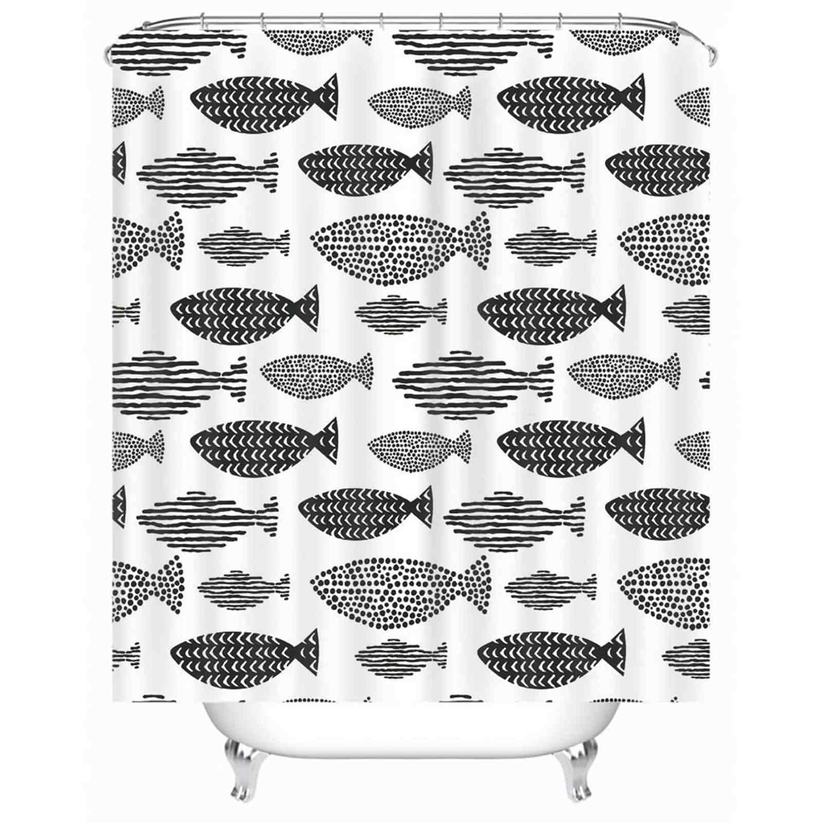 Rideau douche lavable poissons 180x180 cm avec crochets pour baignoire blanche