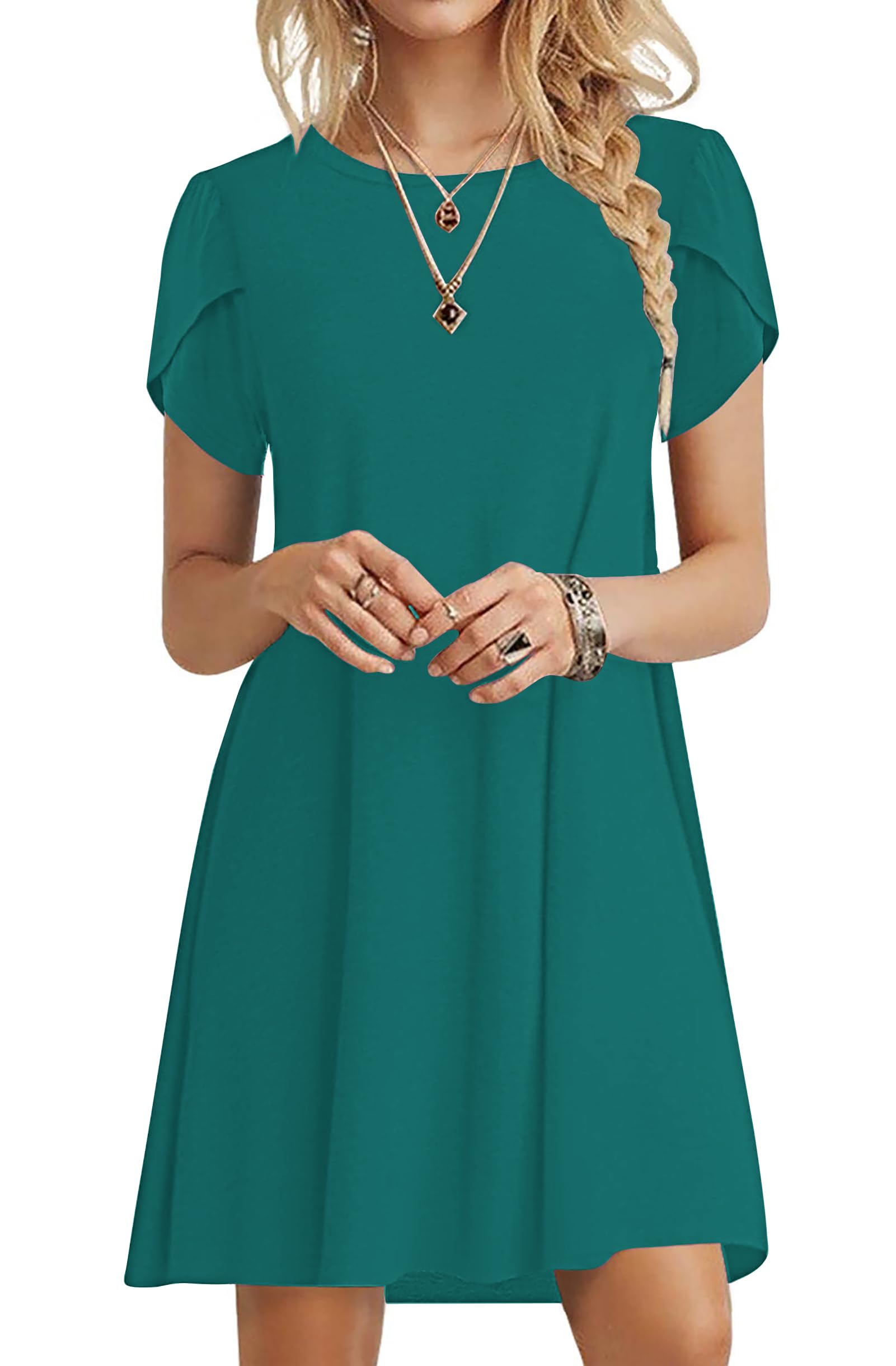 PLOKNRD Sommerkleid Damen Blütenblatt Ärmel T-Shirt Kleid Rundhals Blumenmuster Freizeitkleid Leicht und Luftig mit Taschen