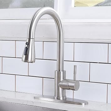VCCUCINE Kitchen Faucet with Pull Out Sprayer, Brushed Nickel Faucet for Kitchen Sink, Small High Arc, Pull Out Single Handle Stainless Steel Kitchen Sink Faucet