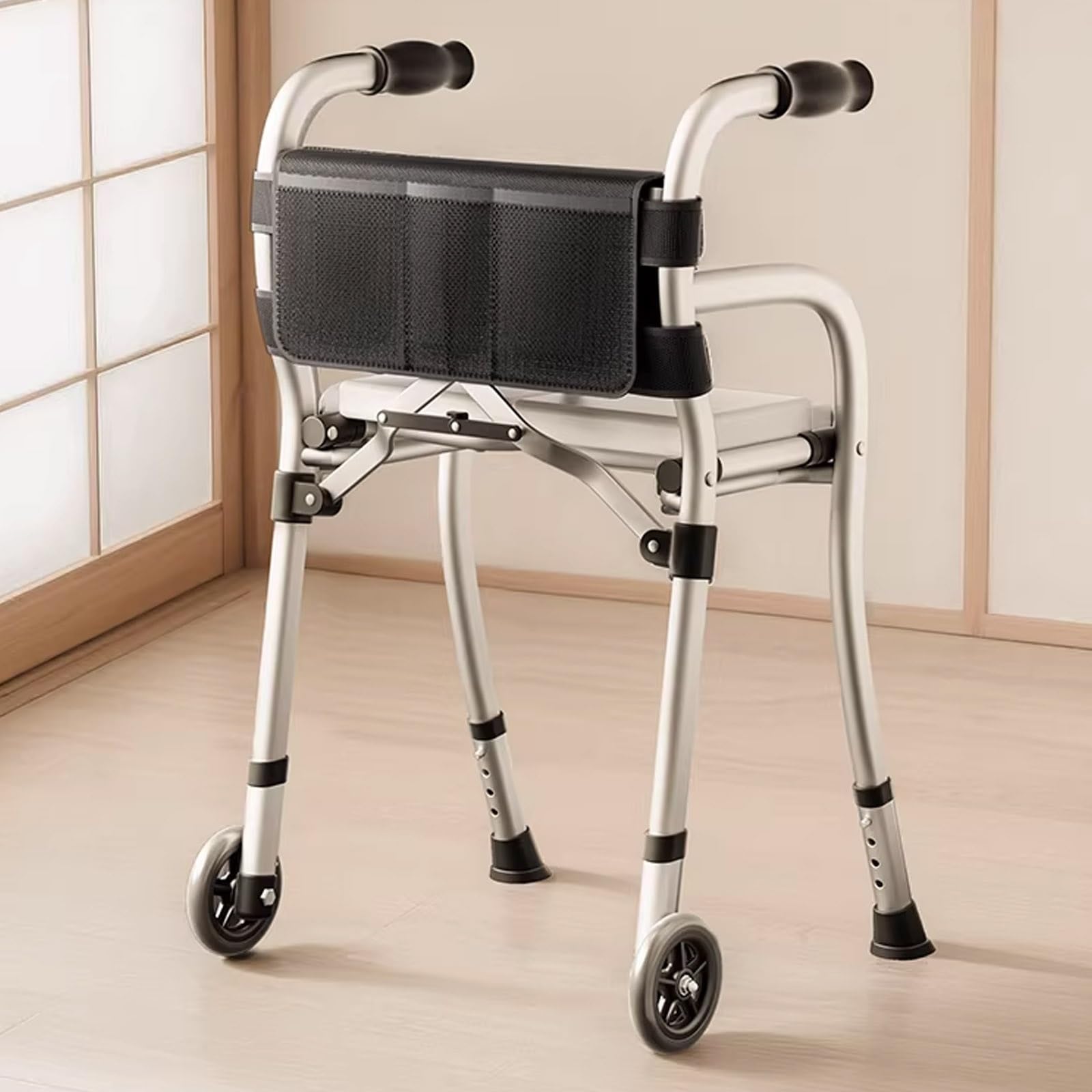 Aluminiowy składany chodzik rollator z siedziskiem, pomoc w chodzeniu na wysokości z oparciem i torbą do przechowywania na spacery po parku i na kemping
