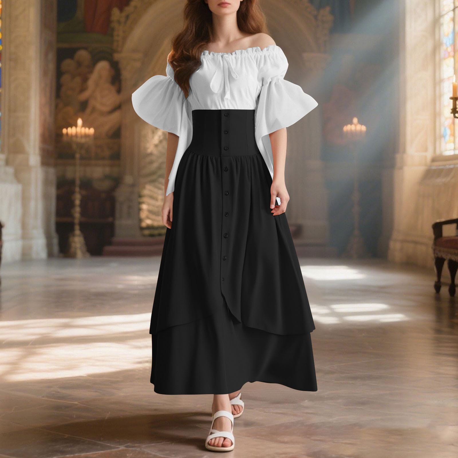 Mittelalter Kleidung Renaissance Kleid Retro Gothic Cosplay Outfit Maxi | Corsagenkleid, Hohe Taille Kostüm, Figurbetontes Kleid, Viktorianisches,Königinnenkleid, Knöpfen, Karneval Halloween Kostüm