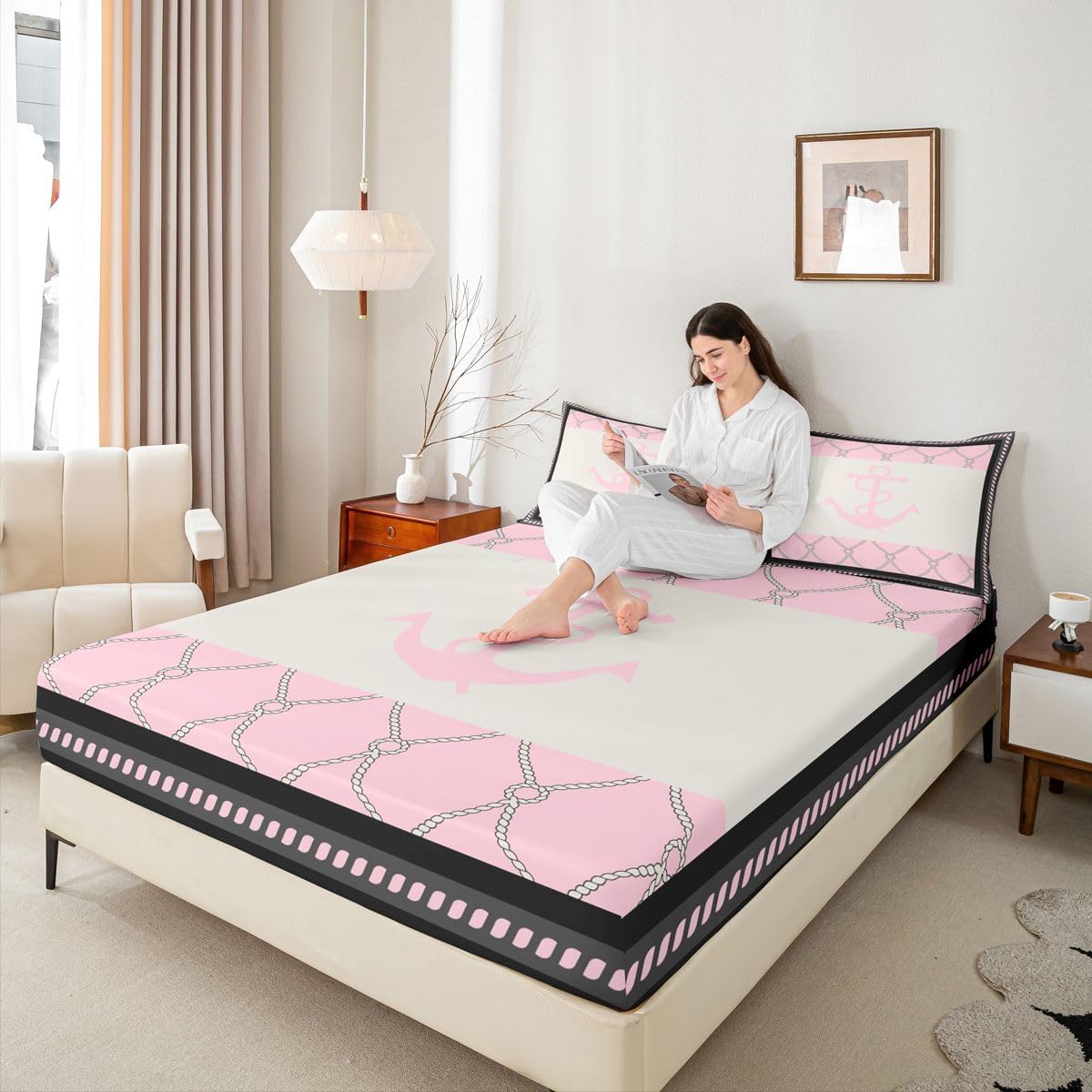 Erosebridal Nautical Themed Bed Sheets Full Anchor Sheet Set, Navigation Soft Lightweight Bedding Set, Pink and White Fitted Sheet with Deep Pocket