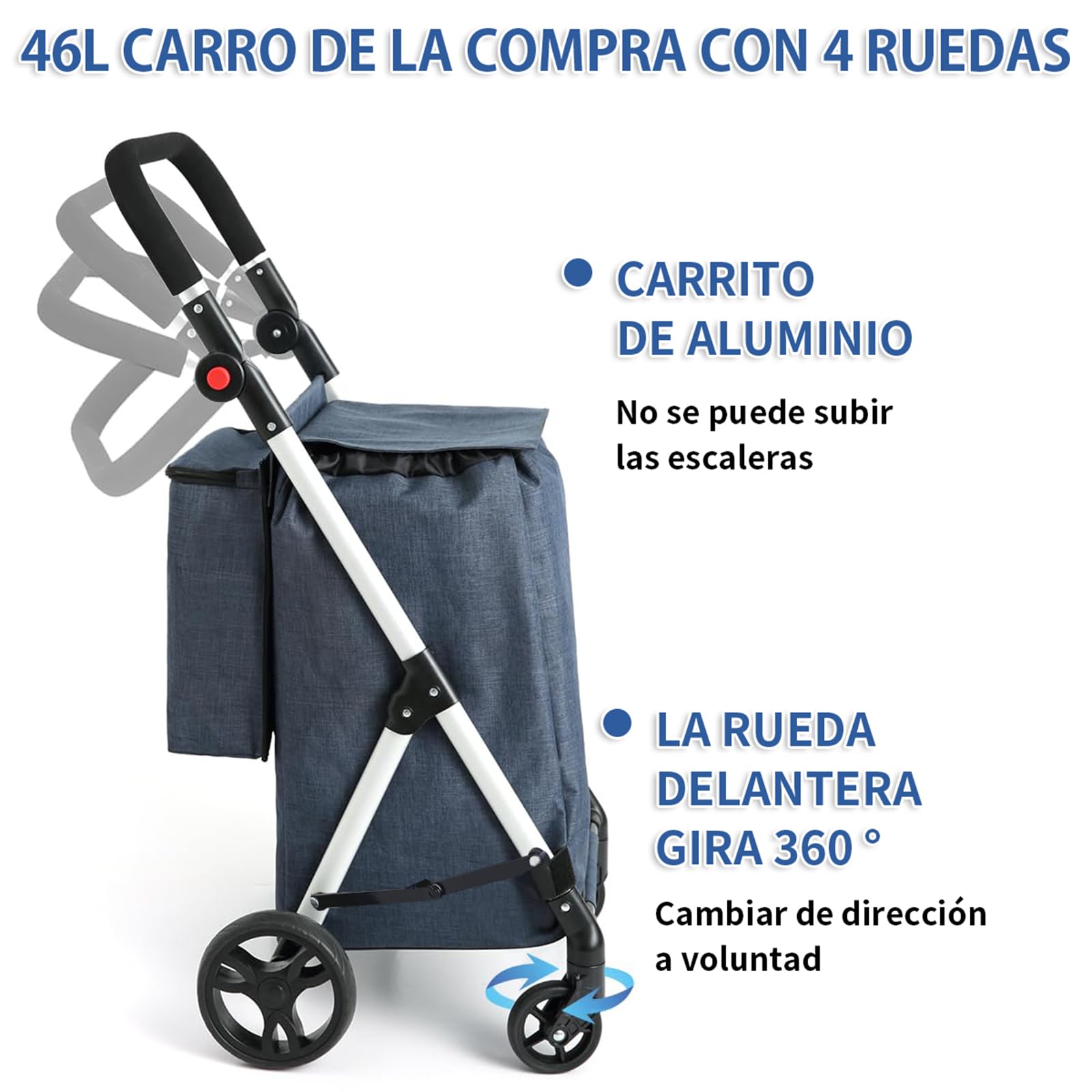 Carros de Compra, con Bolsillo para Congelados, 46L Carro de la Compra de 4 Ruedas, Carrito Compra Plegable de Aluminio (Azul)