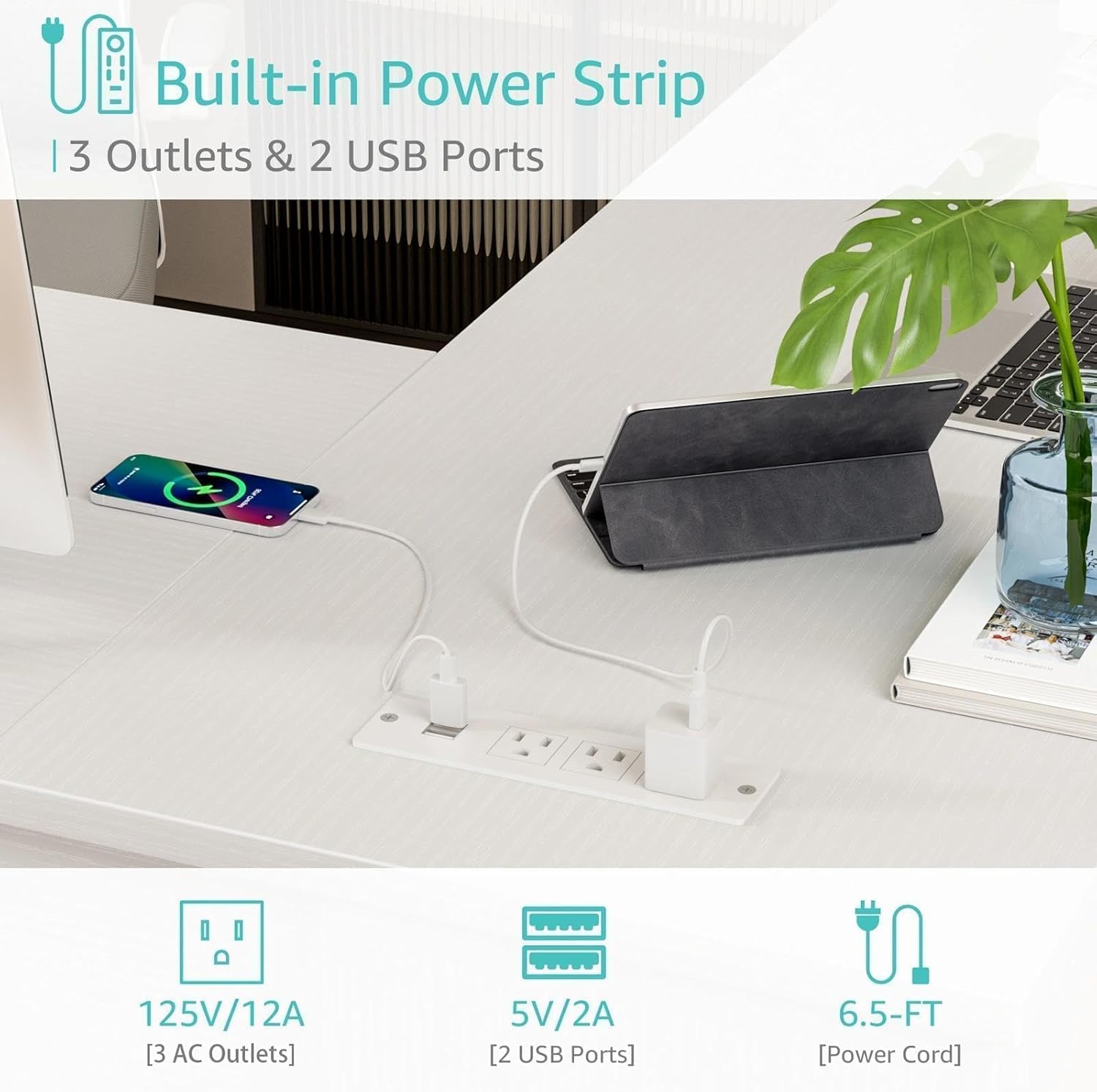 Built-in power strip with outlets and USB ports