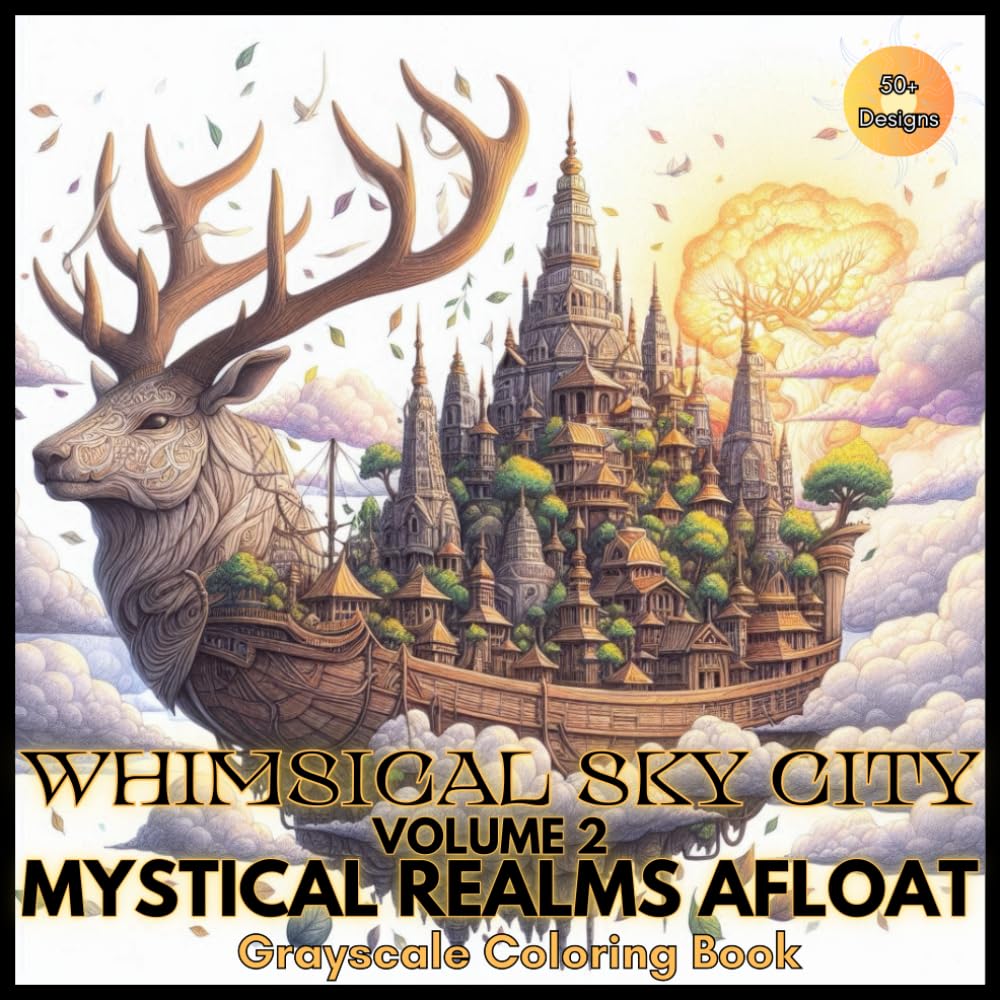 Whimsical Sky City Volume 2 Mystical Realms Afloat Grayscale Coloring Book: Fantastical Designs of Miniature Mystical Cities on Floating Magical Boats for Relaxation and Creativity