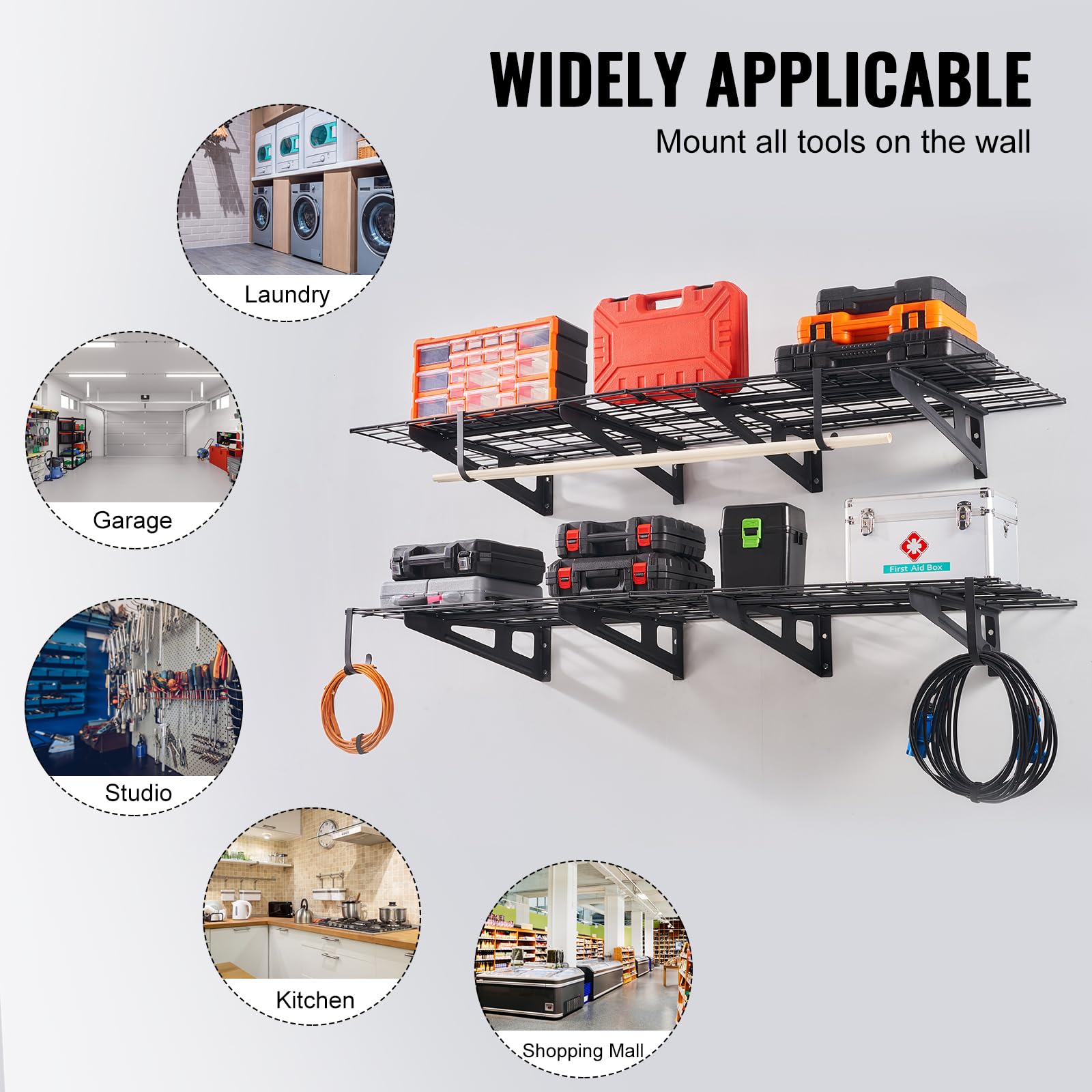 VEVOR 2 sztuki, 1,8 x 0,6 m wytrzymały montowany na ścianie, nośność 453 kg (całkowita) półki pływające, odpowiednie do sklepu, szopy, garażu, czarny, 183 x 62 x 20 cm