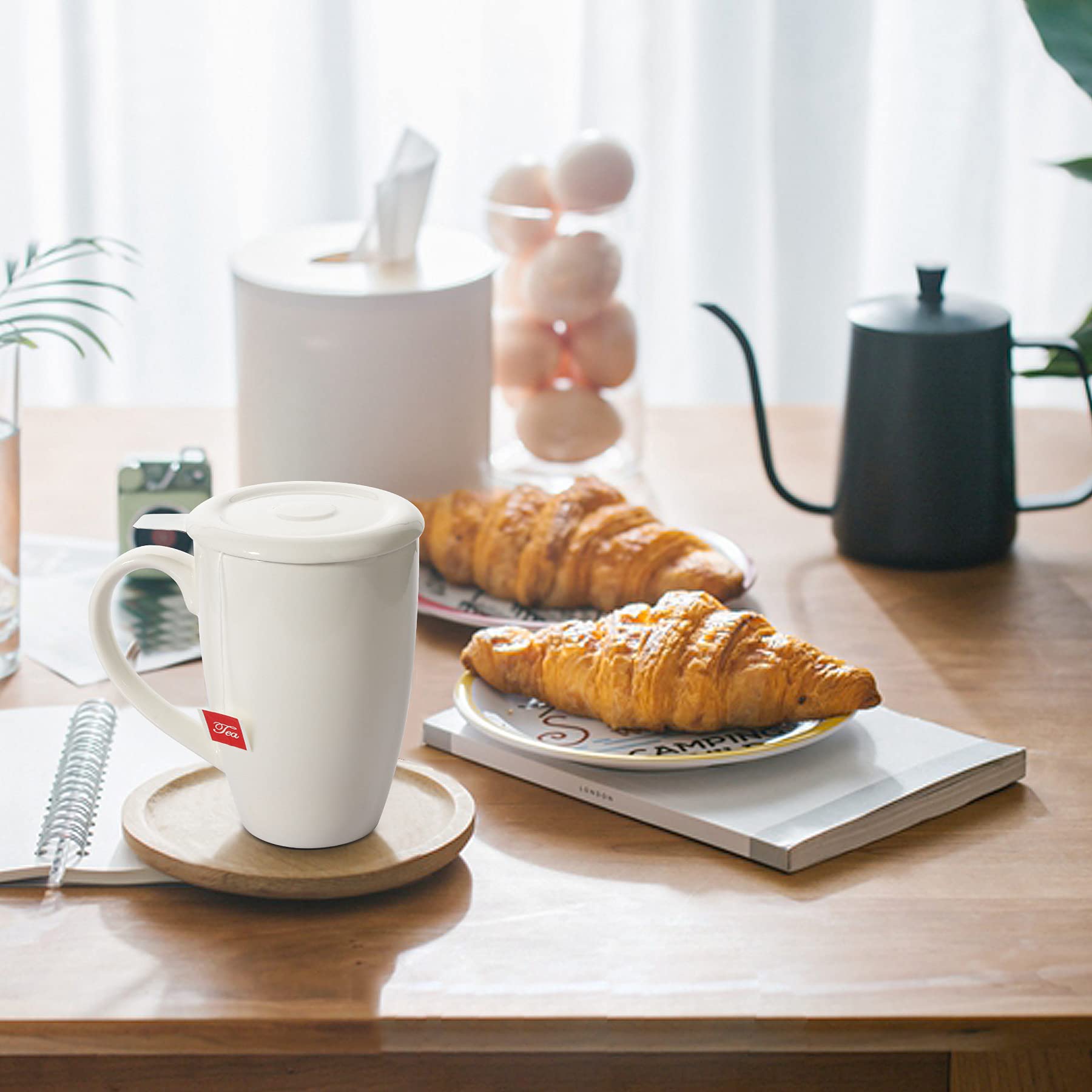 ComSaf Taza de té de cerámica con infusor y tapa, taza de porcelana grande de 16 onzas con filtro de té para hojas sueltas de té/bolsa de té, taza de té para oficina, hogar, color blanco