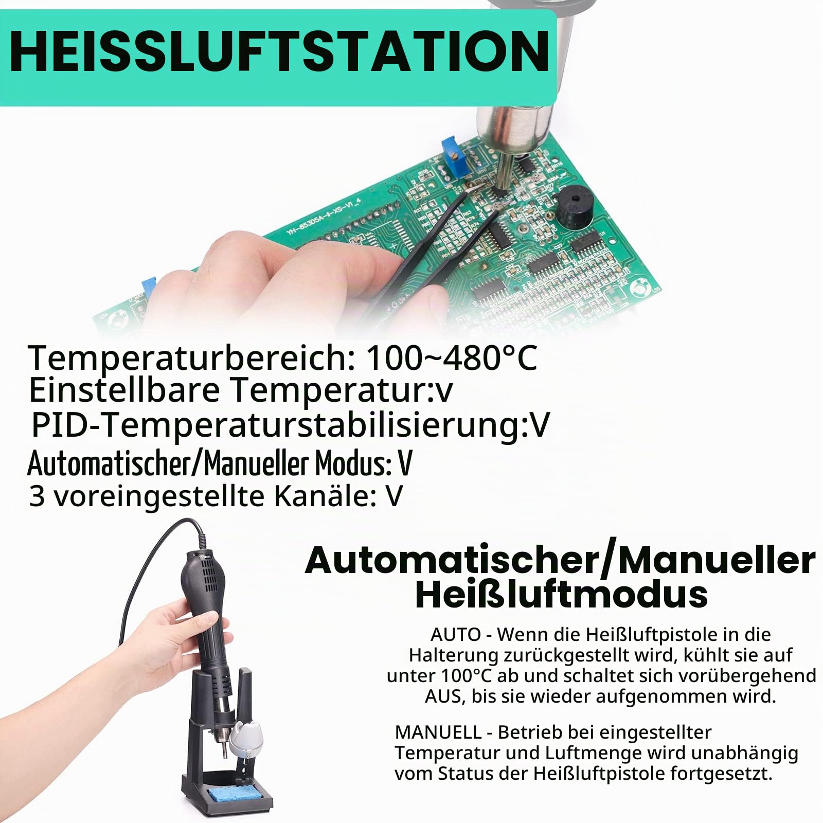 YIHUA 853D 5A-II Lötstation Heißluft Variable DC-Stromversorgung 3-IN-1 0-30.00V 0-5.0000A einstellbar mit 21 Zubehörteilen (EU PLUG)