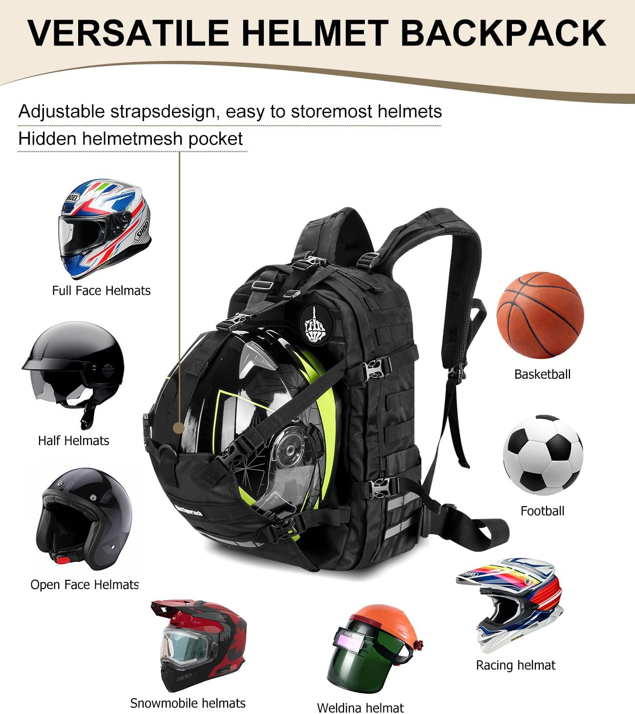 Helmet Backpack for Motorcycle Cycling, Large Capacity Waterproof Helmet Holder, Helmet Storage Bag Hiking Backpack - Image 6