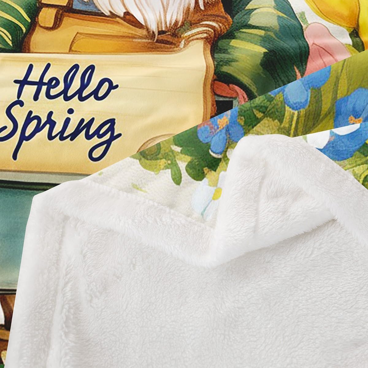 Spring Gnome Throw Blanket Throw Size,Girls Tulips Floral Fleece Blanket for Bed Sofa,Kids Garden Butterfly Blossoms Plush Bed Blanket Bedroom Decor,Hello Spring Luxury Soft Warm Sherpa Blanket