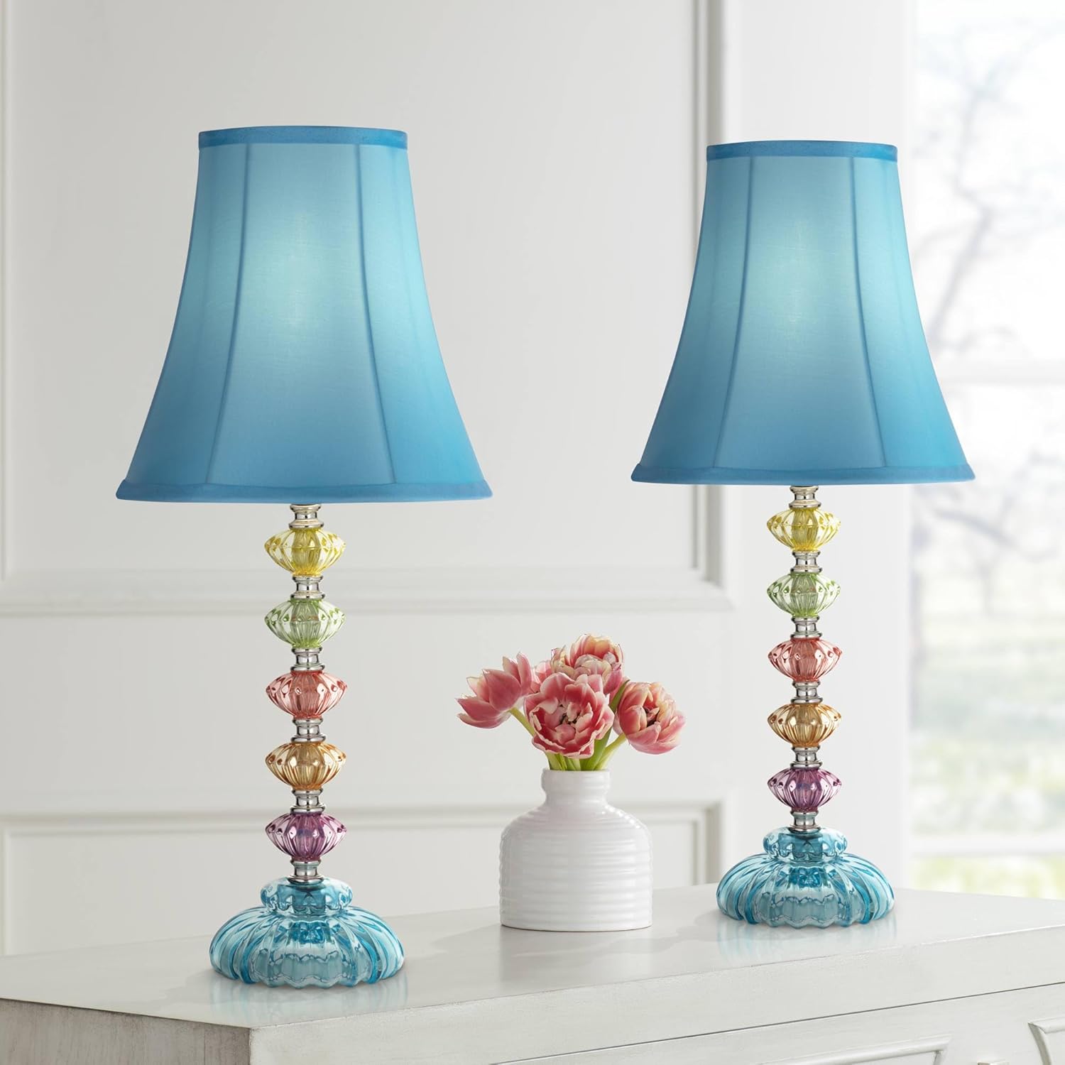 360 Lighting Bohemian 21" High Small Modern Accent Table Lamps Set of 2 Multi-Color Stacked Glass Blue Shade Living Room Bedroom Bedside Nightstand House Office Home Reading Kitchen Entryway Console