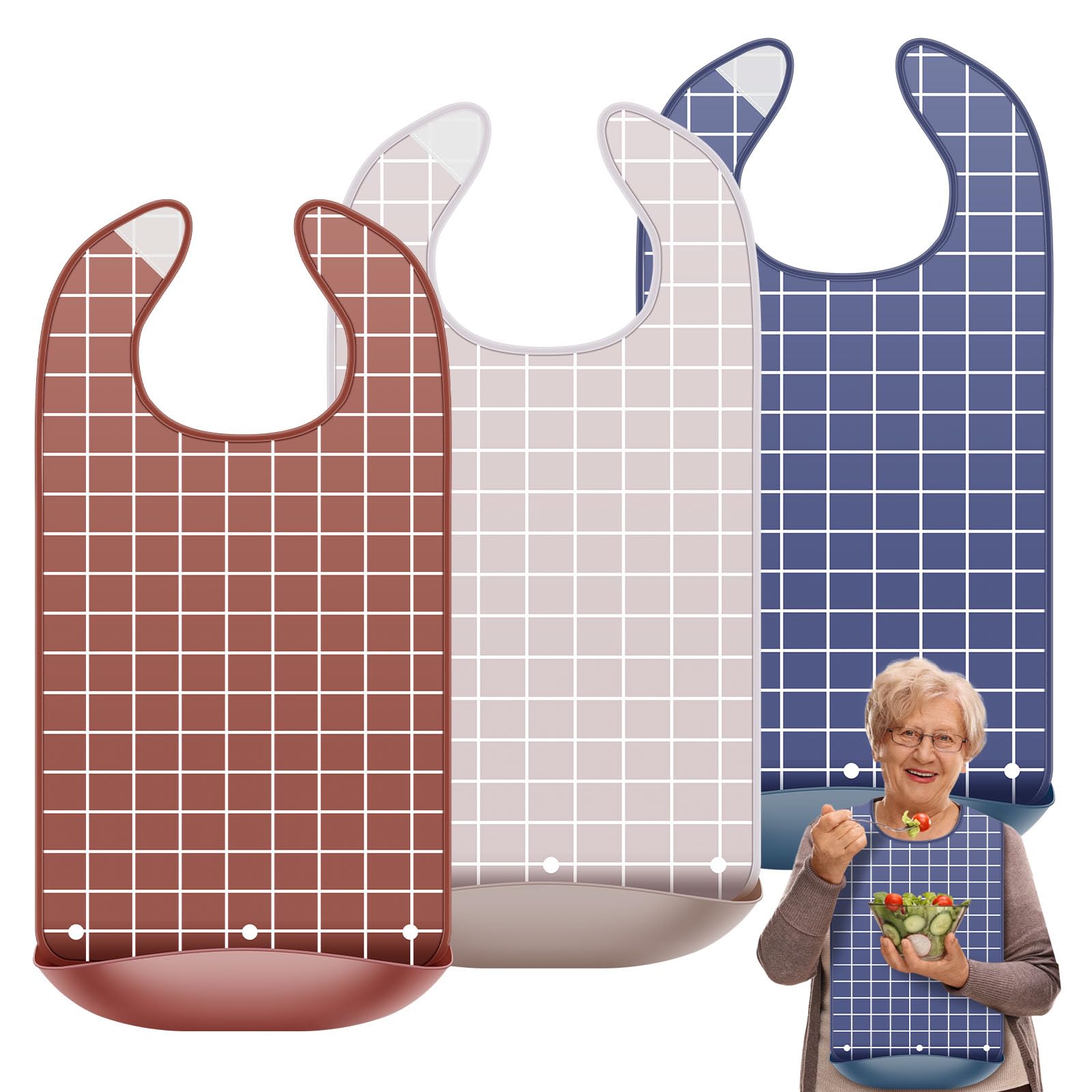Yuekuntj Colorful 3Pack Adult Bib Waterproof Clothing Protector 75X35cm Reusable Dining Bib With Crumb Catcher Adult Feeding Bibs For Elderly Reusable Dining Aprons Washable Clothing Protector For Seniors