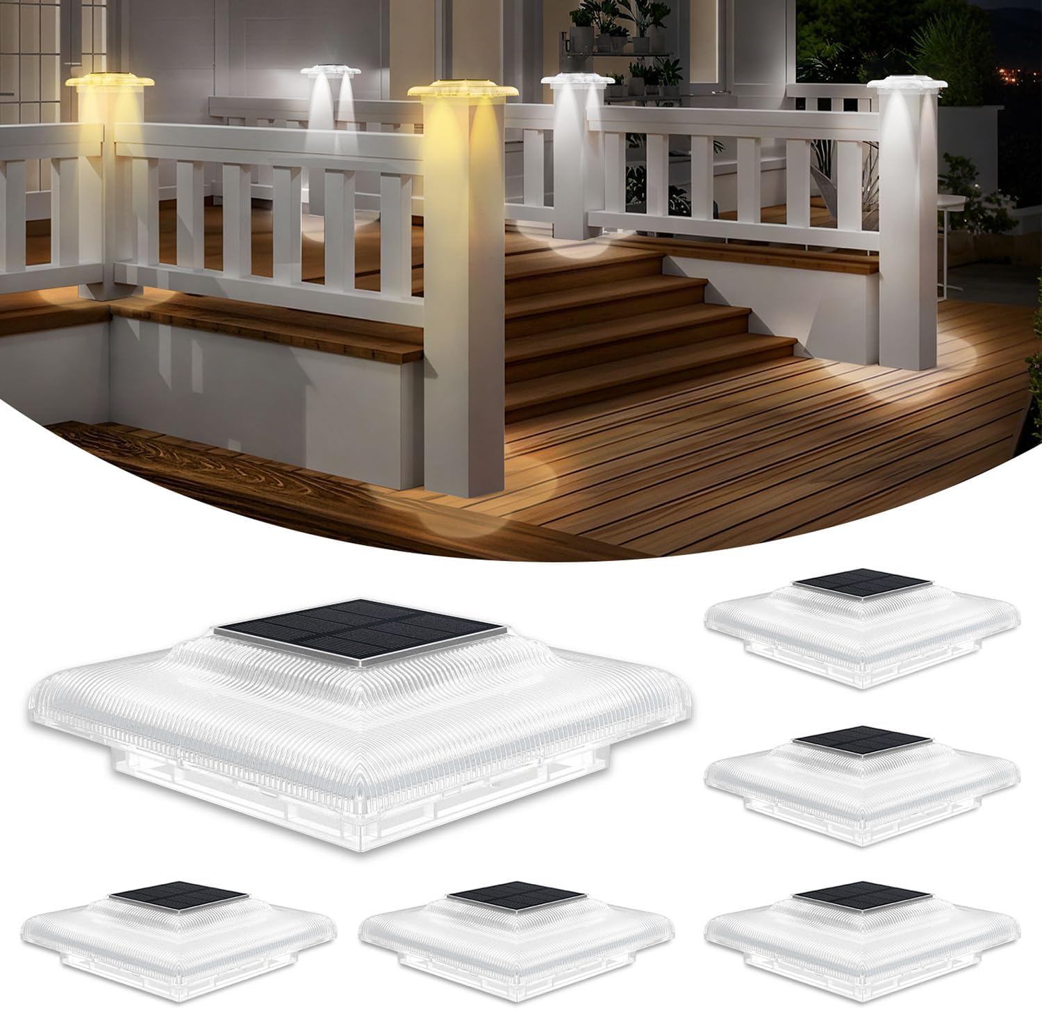 T-SUN 4x4 Solar Post Cap Lights, Fence Post Solar Lights Fit for 4x4 Vinyl Wooden Posts, IP65 Waterproof Outdoor Lighting for Stairs Step, Deck, Patio, Garden (6 Packs, Transparent, Warm/Cool White)