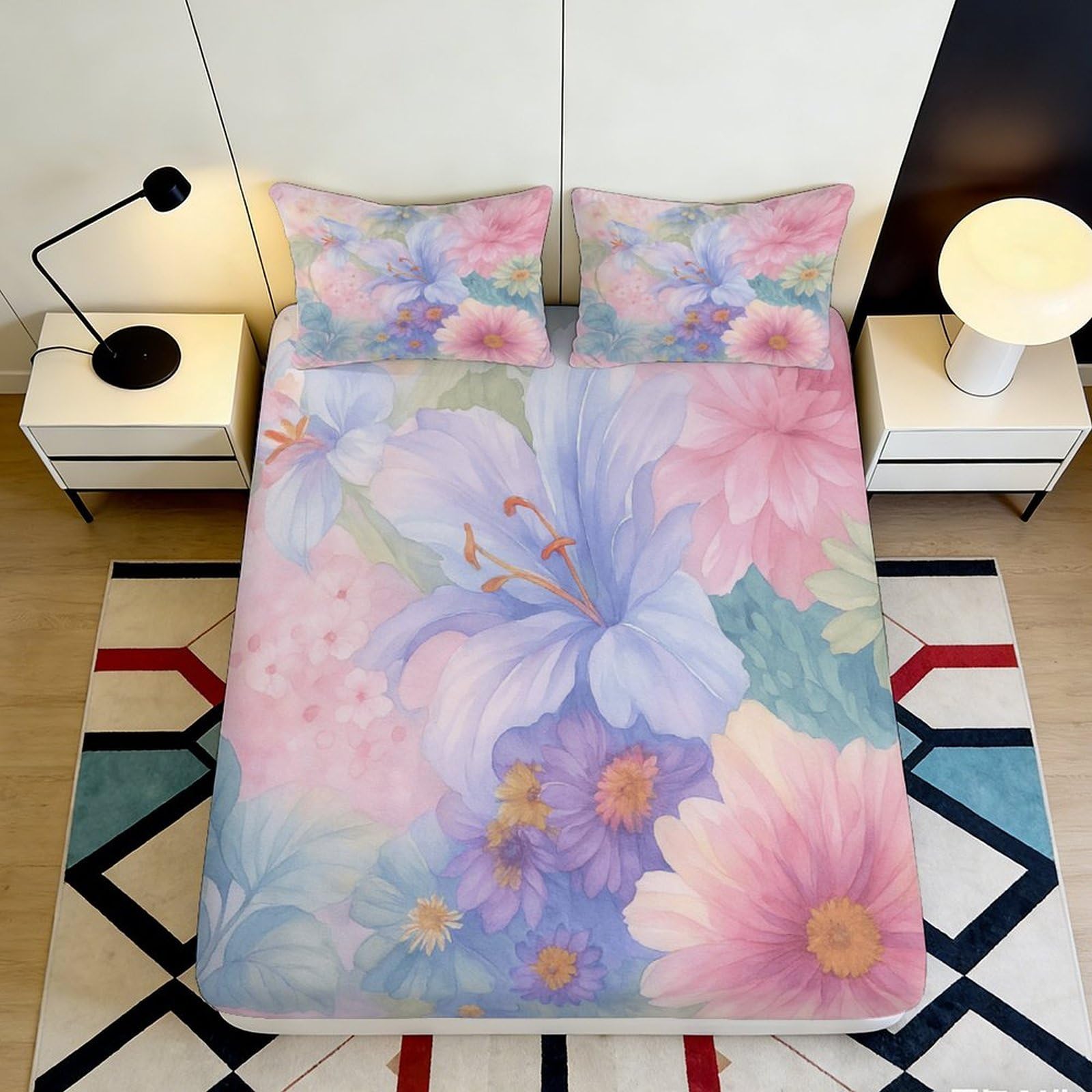 3D Printed Pastel Floral Fitted Sheet Microfiber Soft Pink Blue Blossom Mattress Cover for Bedroom Guest Room Decor 90x200x25cm