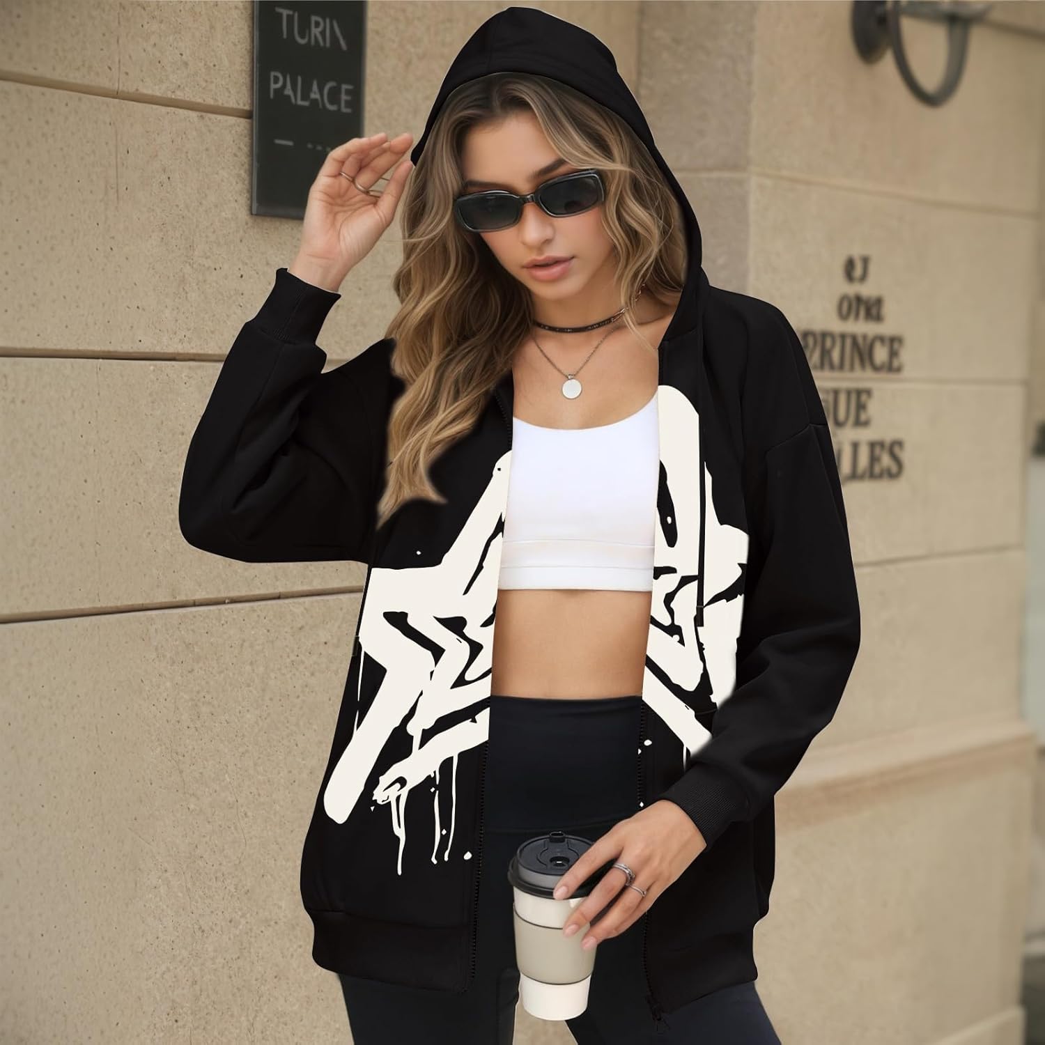 BINTEHGS Star Graphic Zip Up Hoodie for Women Y2k Oversized Hoodie with Zipper Grunge Aesthetic Hooded Streetwear Jacket - Image 2
