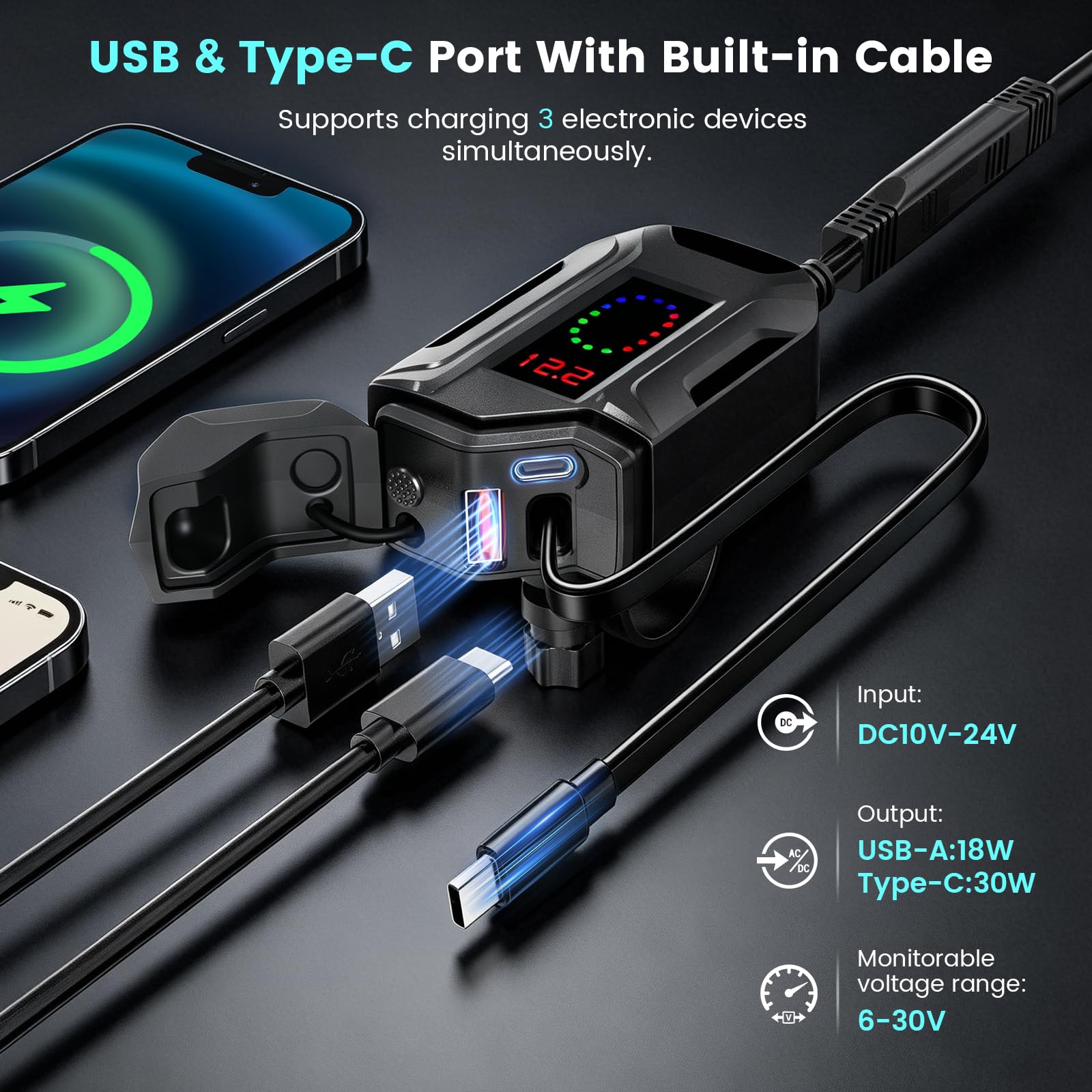 USB Moto Impermeabile con un cavo di ricarica rapida Type-C retrattile lungo 70 CM, 3 in 1 Caricabatterie da Moto per Cellulare USB con Interruttore Voltmetro LED per SUV Marine Motorcycle (2)