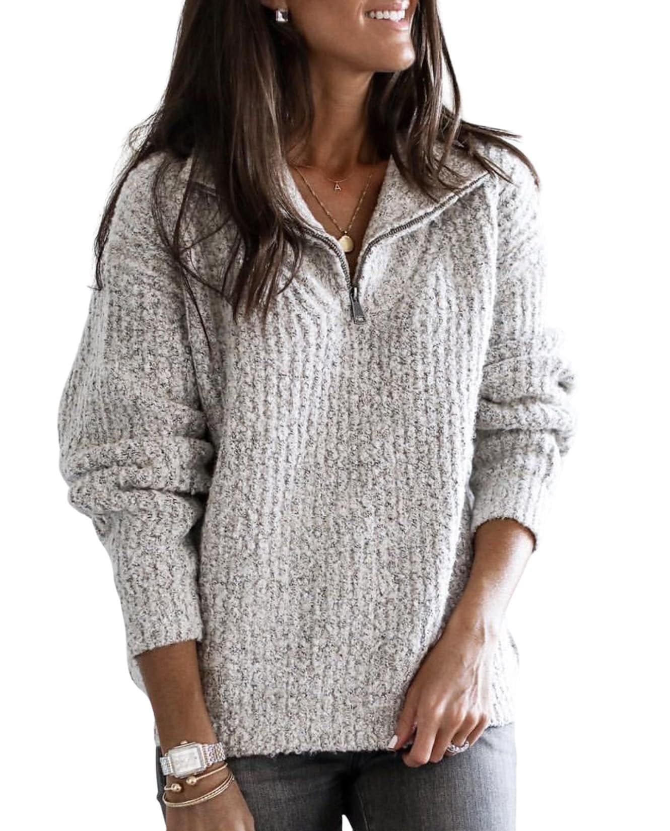 Womens Pullover Sweater - Fall Winter Loose Fit 1 4 Zip Solid Color Casual Top for Vacation Daily