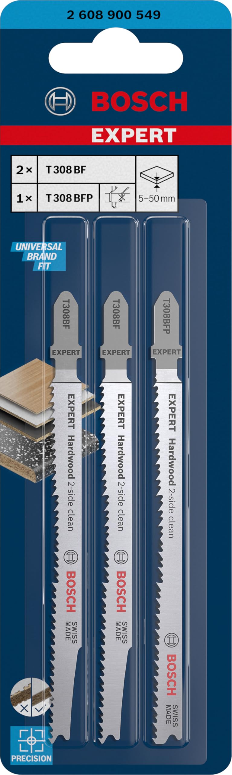 Bosch Professional 3 x Set de hojas de sierra de calar Expert Hardwood 2-Side Clean, para Encimera de cocina, Tableros recubiertos de plástico, Longitud 117 mm, Accesorios Sierra de calar