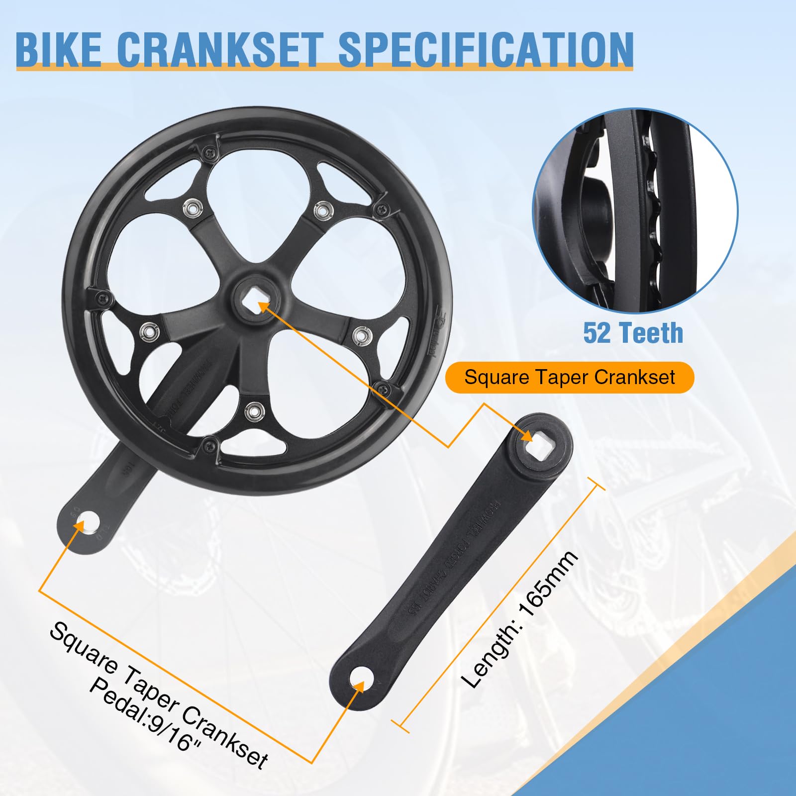 ZUKKA Zestaw korbowy 52T ze stopu aluminium, ramię 165 mm, do 6/7/8/9/10 biegów, rower górski, rower składany, E-Bike, Cruiser Bike, Square Taper