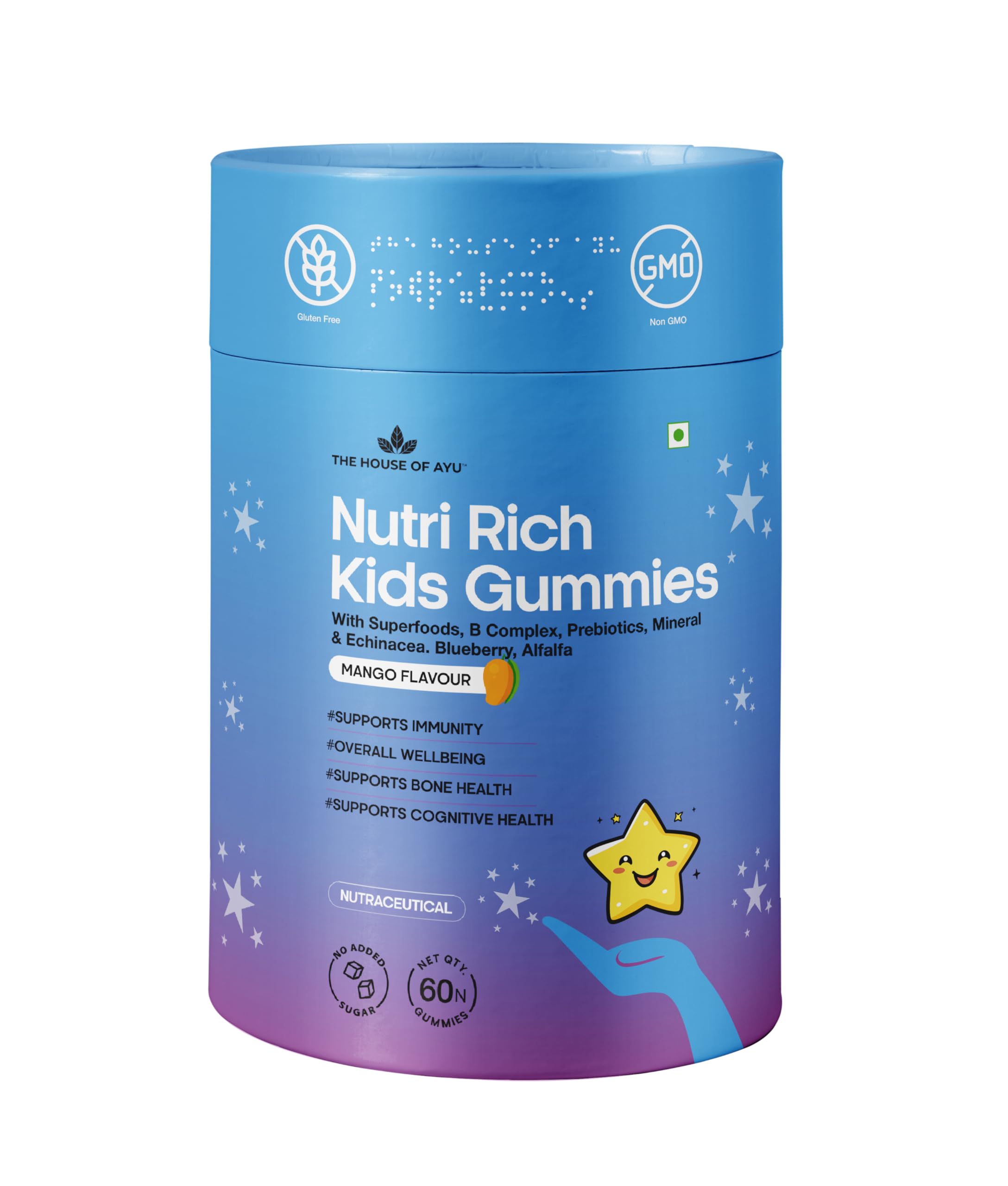 AYU Nutririch Kids Multivitamin Gummies | 60 Gummies | 13 Vitamins & 3 minerals | Enriched with Echinacea, Blueberry & Prebiotics | Immunity, Brain Health & Gut Support | Mango Flavour