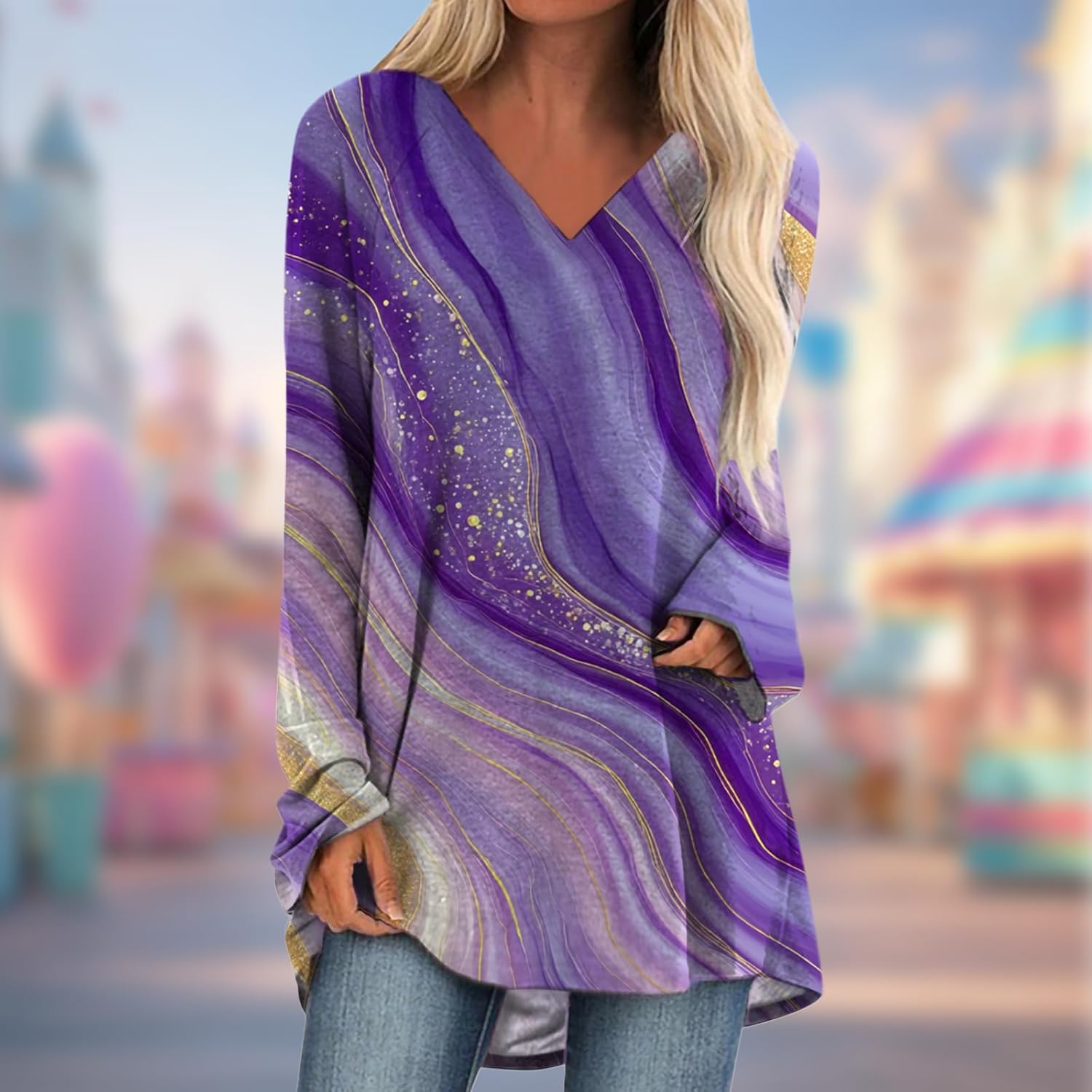 Mardi Gras Sweatshirt for Women Fancy Carnival Floral Print V Neck Pullover Tops Plus Size Spring Shirts - Image 2