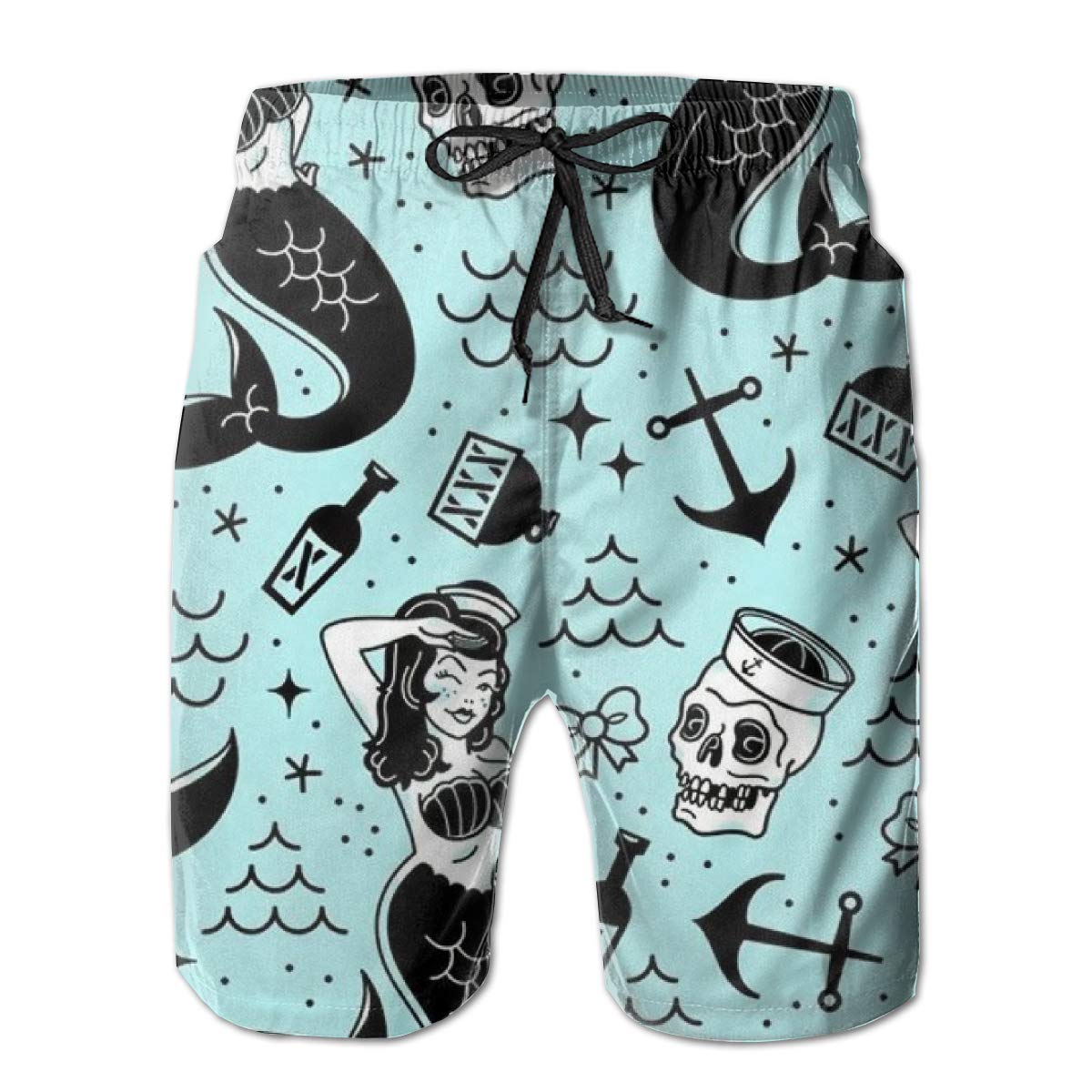 SARA NELLMens Mermaid and Skull Swim Trunks Board Shorts Beach Swimwear Bathing Suit with Mesh Lined and Pockets