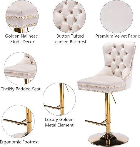 Miniatura 3 de Aoowow Juego de 2 taburetes de bar giratorios de terciopelo, taburetes de bar tapizados en altura ajustable en altura, moderno taburete de cocina