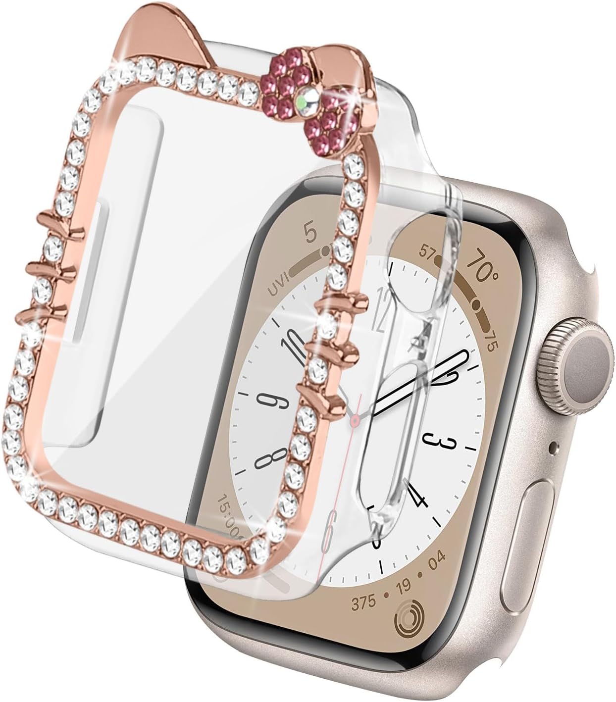 Cartoon Bow Cat Bling Case for Apple Watch SE/Series 9/8/7/6/5/4 44mm 45mm with Tempered Glass Screen Protector, Crystal Diamond Full Cover Protective Case for Iwatch S9 S8 S7 44mm Accessories