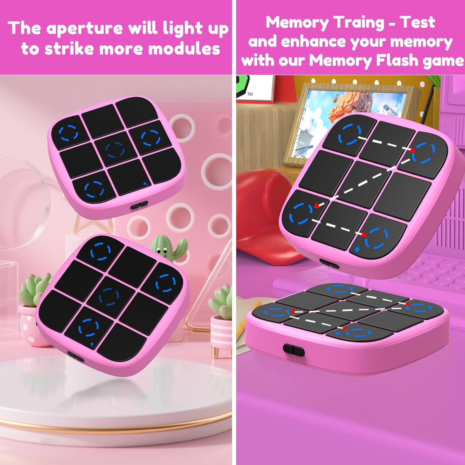 Rechargeable Tic-Tac-Toe Bolt Game, Upgraded 4-in-1 Handheld Puzzle Console, Electronic Educational Memory Game, Portable Travel Car Ride Board Games for Kids Adults (Pink)