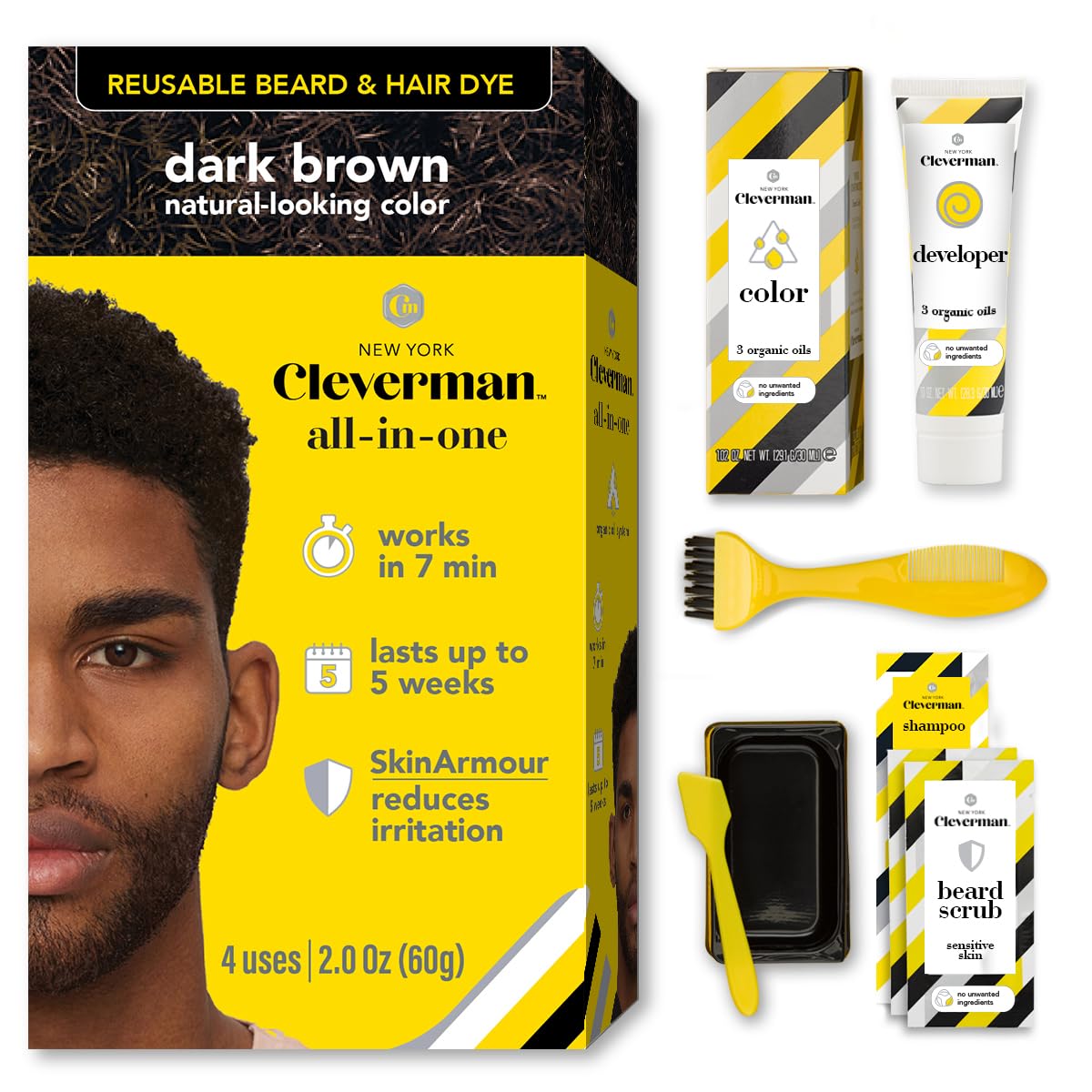 Cleverman Hair & Beard Dye Kit for Men, All-in-One Reusable Mens Hair Color, Natural Gray Coverage, Ammonia-Free Beard Mustache Dye for Men (Dark Brown for Black Men)