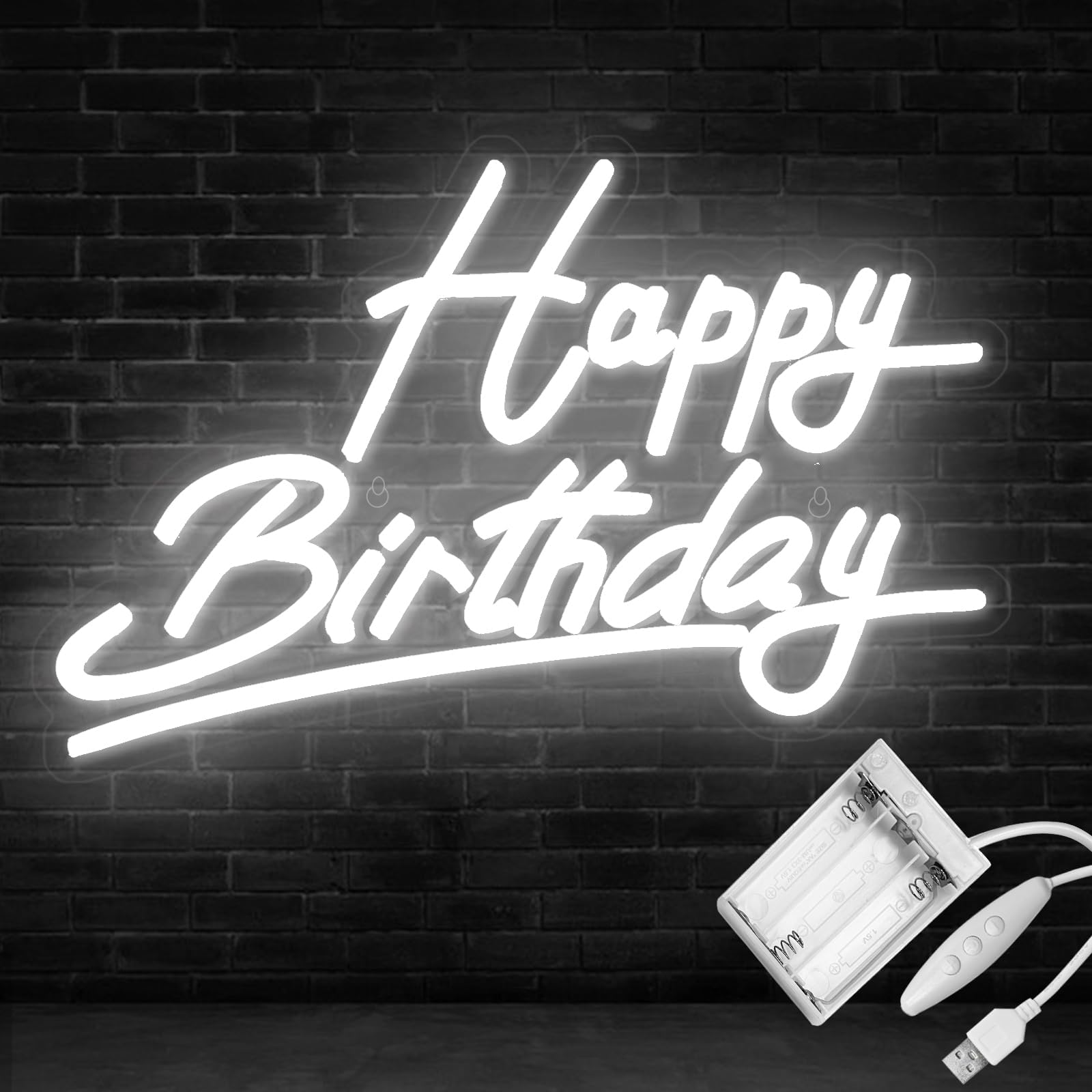 White Happy Birthday Neon Sign Battery Operated, Usb Powered Neon Signs for Wall Decor, Adjustable Brightness Happy Birthday Signs(15 x 9.6 inches)