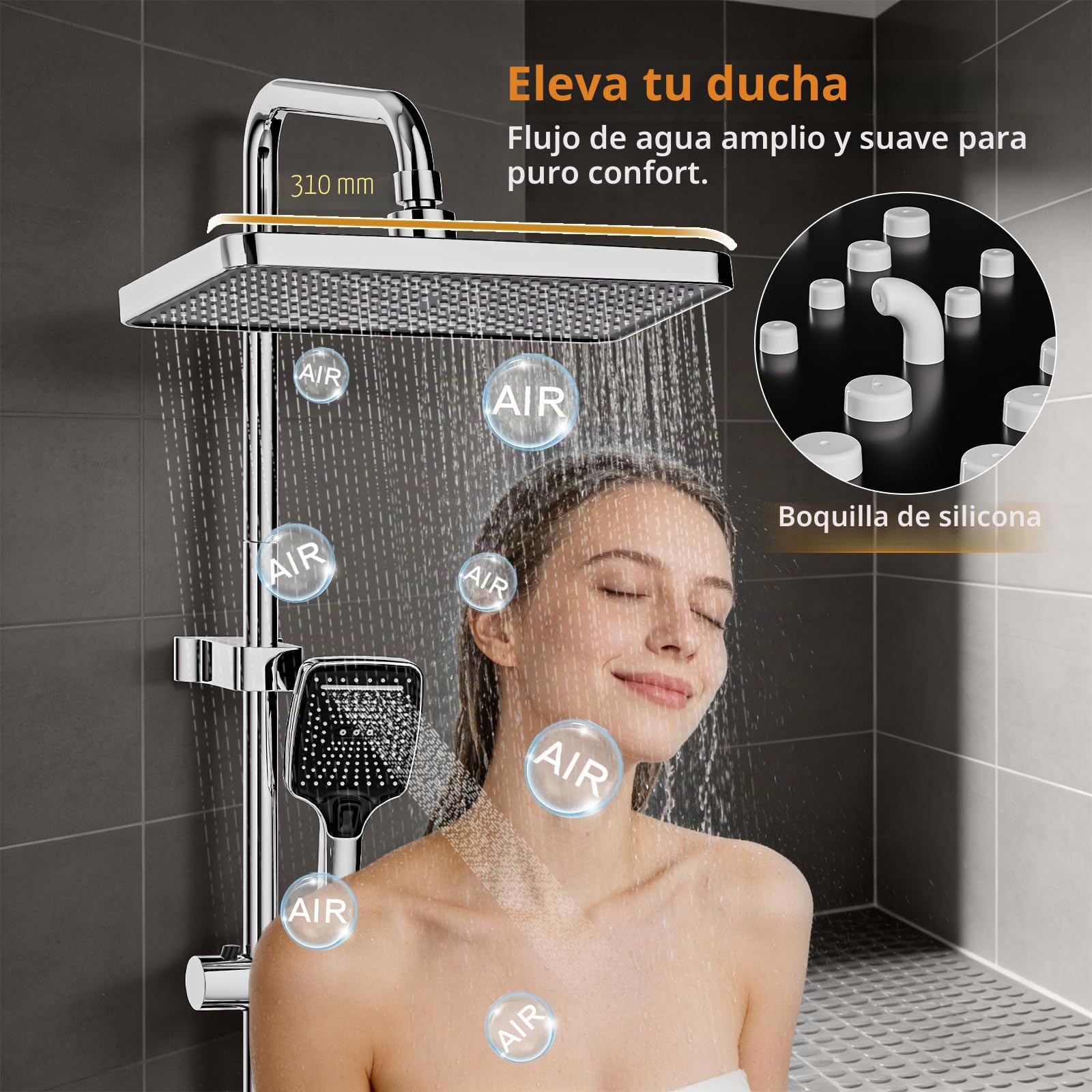 Columna de Ducha 4 en 1 Cromado, Duchas de Baño con Botones de Piano, Cabezal Cuadrado 31x20cm Efecto Lluvia, Latón y Acero Inox