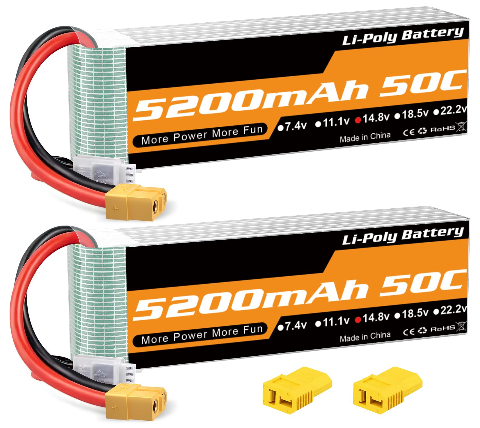 4S Lipo Akku 5200mAh 14,8V 50C XT60 Stecker für RC Fahrzeuge Drohne 2Stück | 14,8 V Lipo Batterie 5200 mAh 50C, weiches Gehäuse XT60 und Dean's T-Stecker für 1/8- 1/7 RC Fahrzeuge, Boote, Drohnen