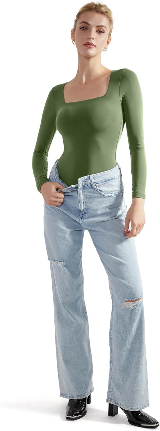 SUUKSESS Women Square Neck Long Sleeve Bodysuit Sexy Thong Bodysuit Shirts - Image 2