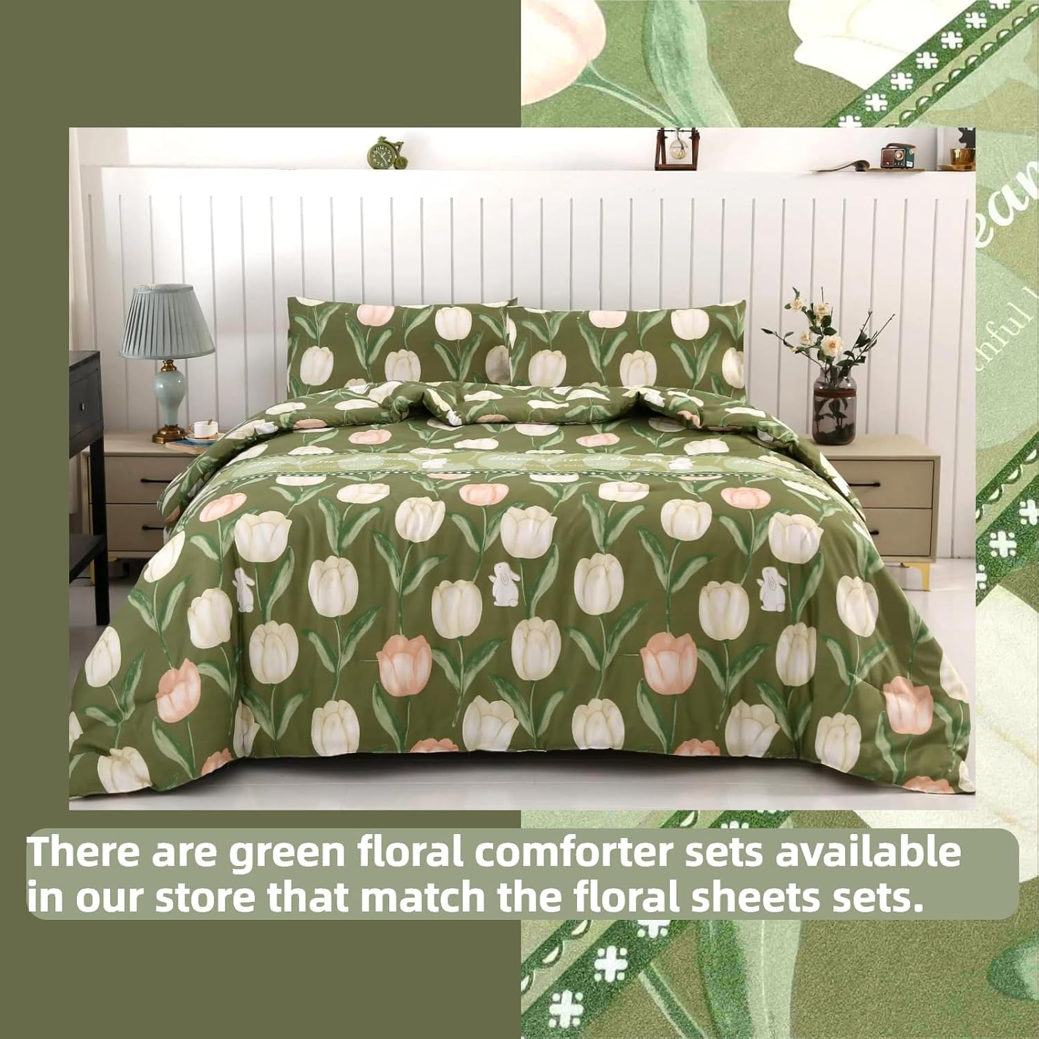 SDIII 4PCS Rabbit and Green Floral Sheets Set Full, Soft Microfiber Full Size Floral Sheets Set, Vintage Botanical Bed Sheet Flower Green - Image 4